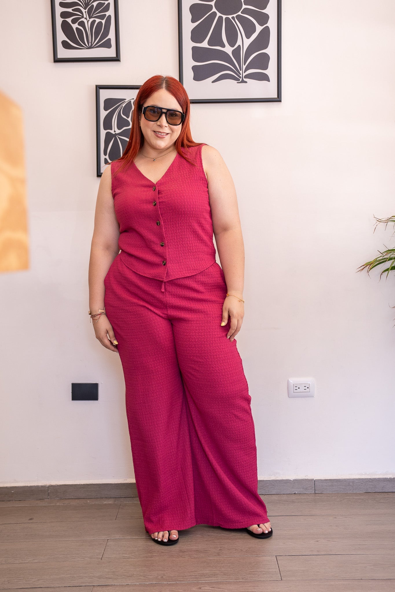 Set Curvy Pantalón y Chaleco Tejido Canalado Magenta