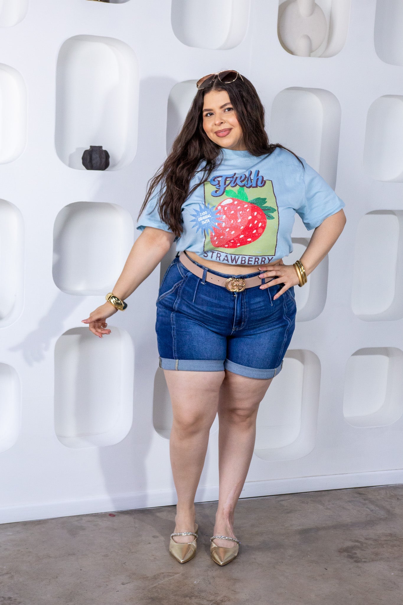 Playera Curvy Oversize Fresh Strawberry Vibes Azul Cielo