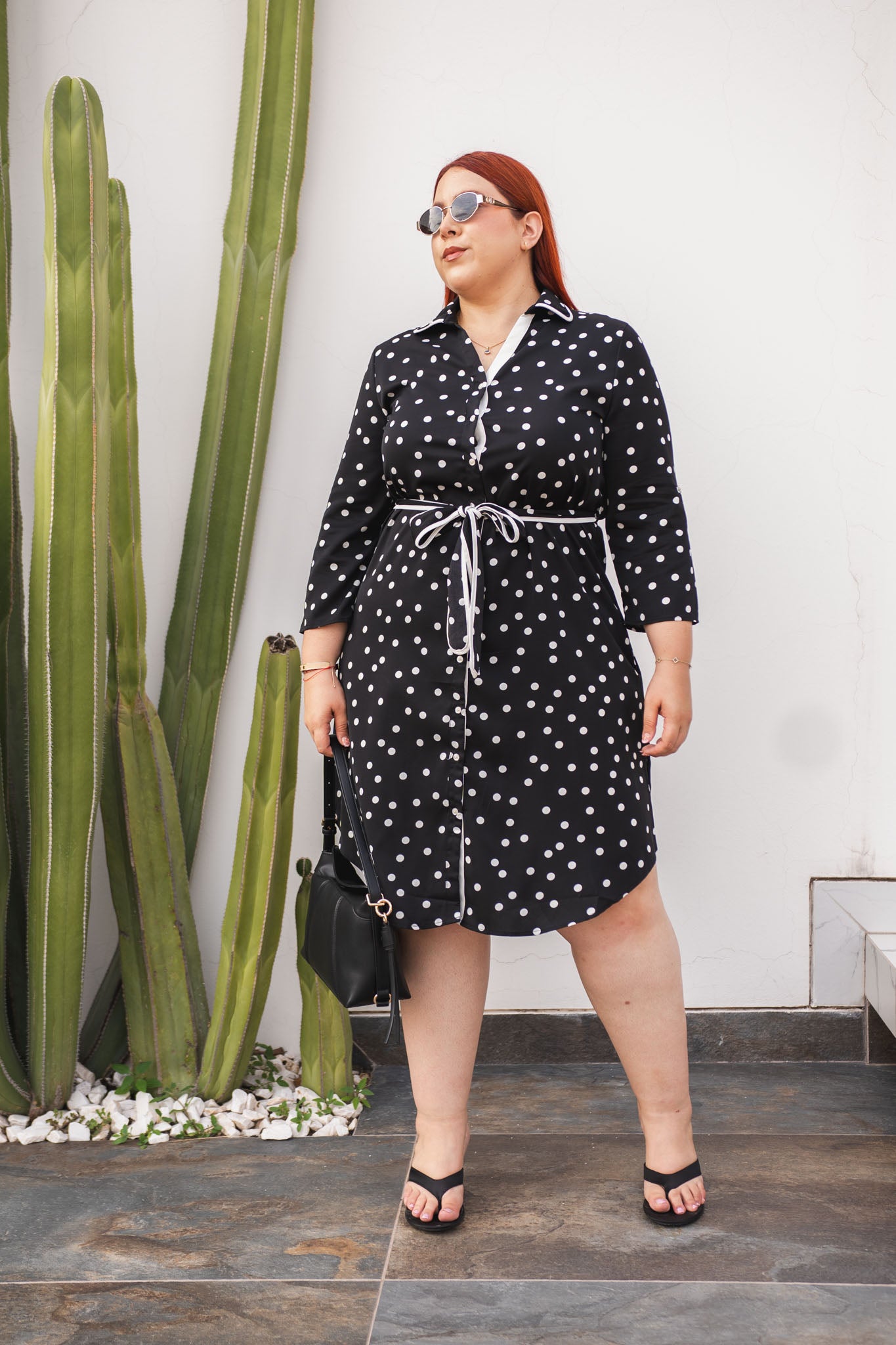 Vestido Camisero Polka con Lazo Curvy Negro