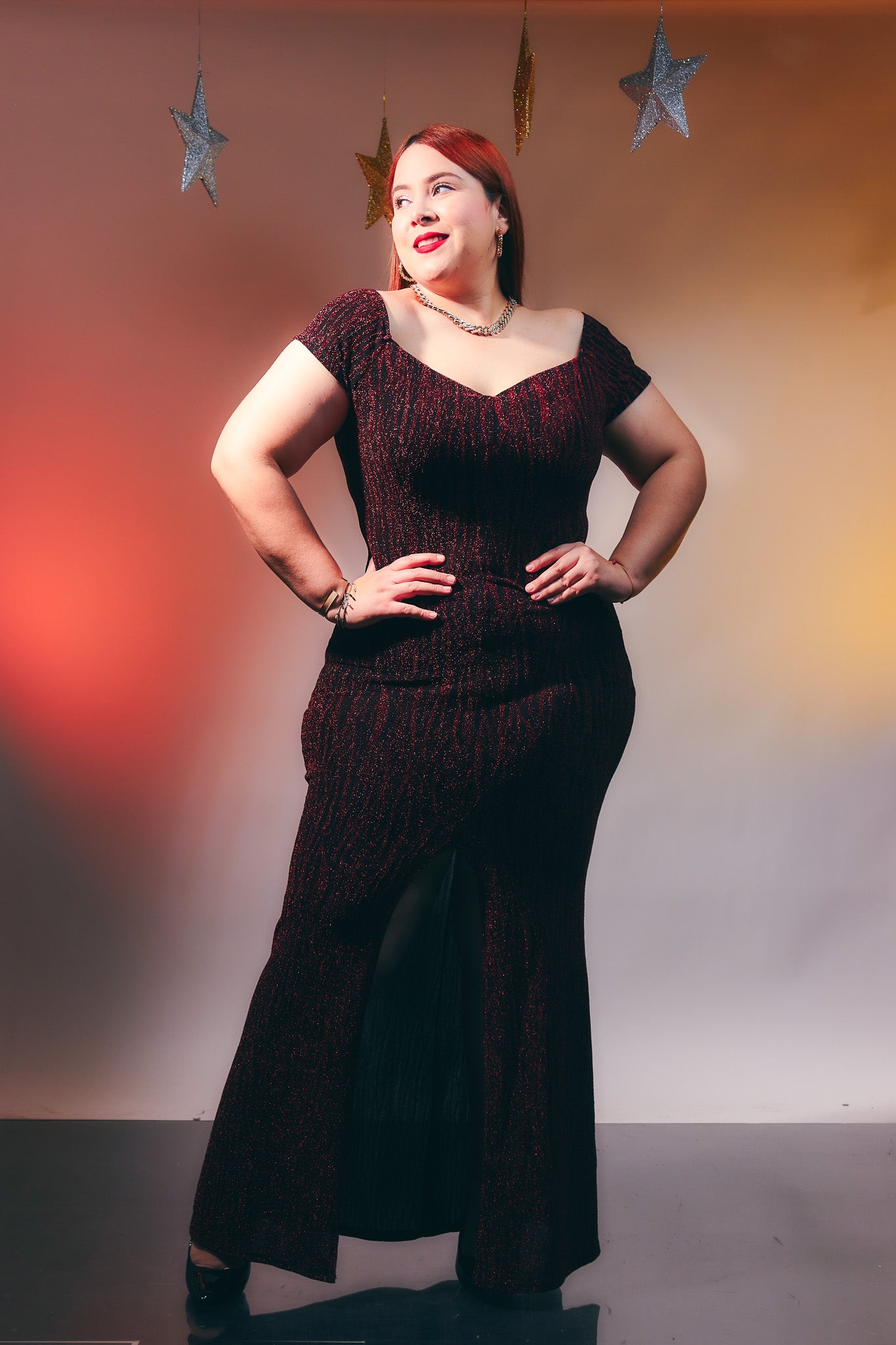 Maxi Vestido con Brillos Tinto Plus Size para Mujer