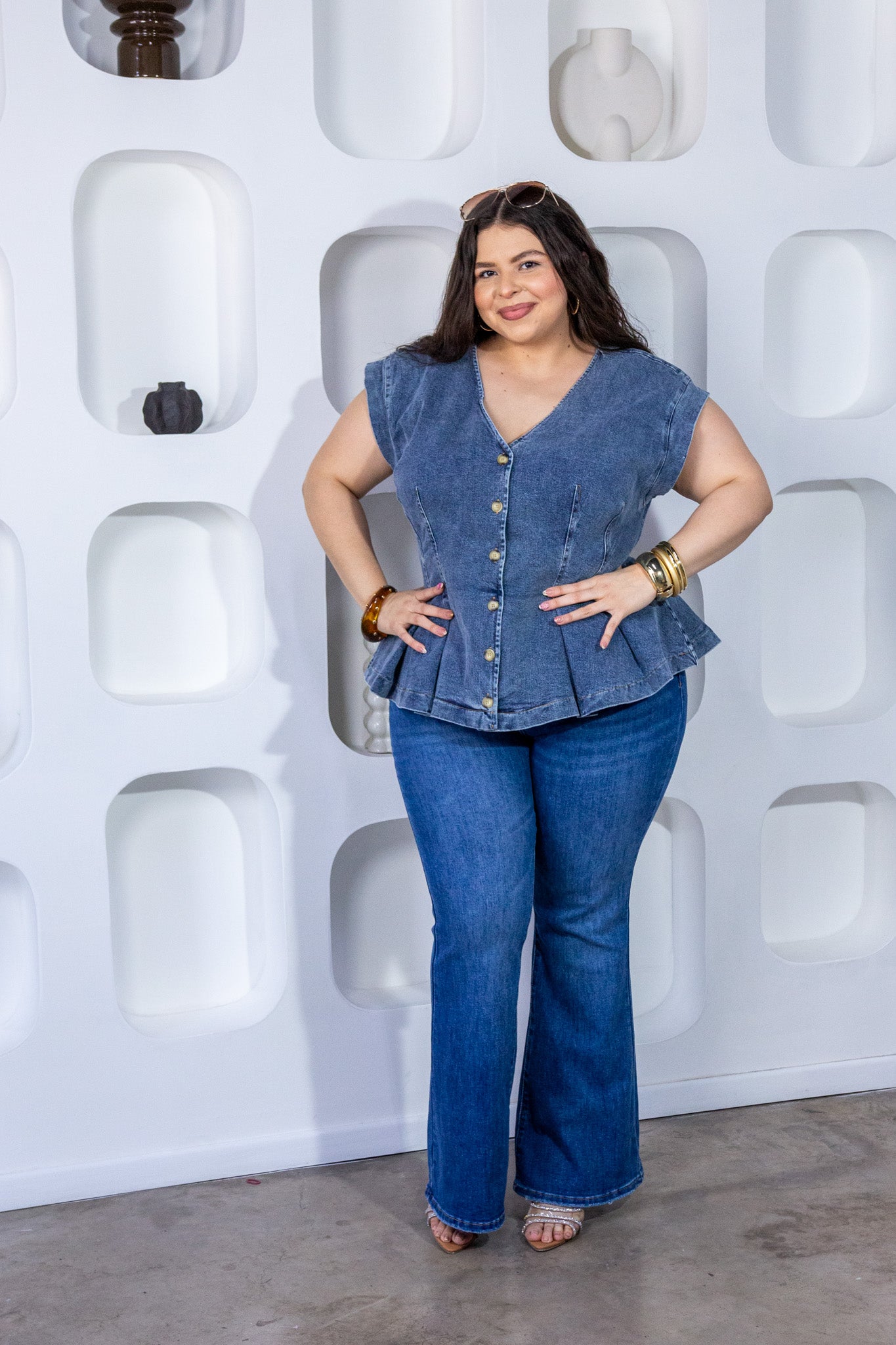 Jeans Curvy Bell Bottom Campana Deslavado Cintura Alta Azul