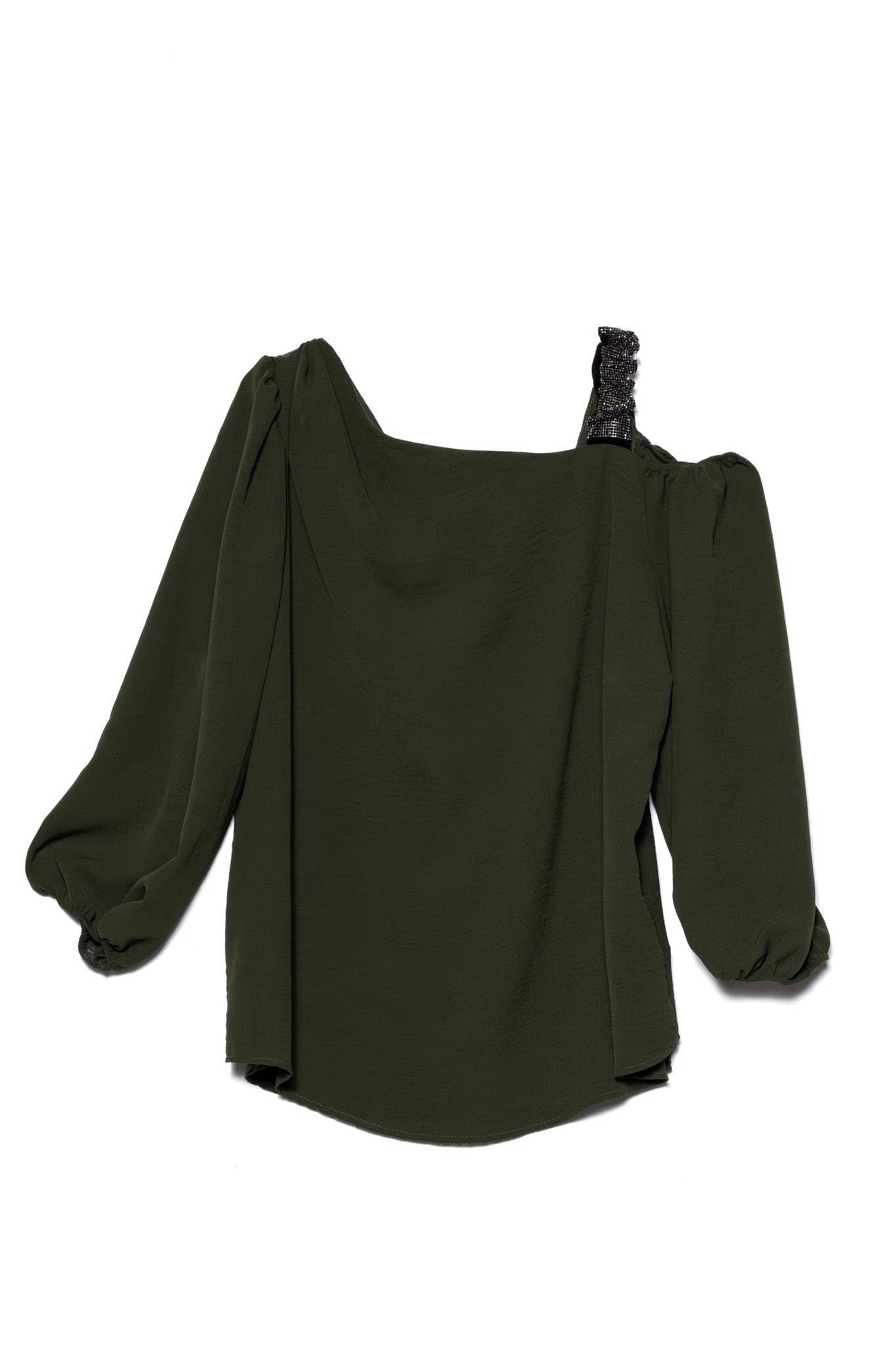 Blusa one shoulder con brillos olivo