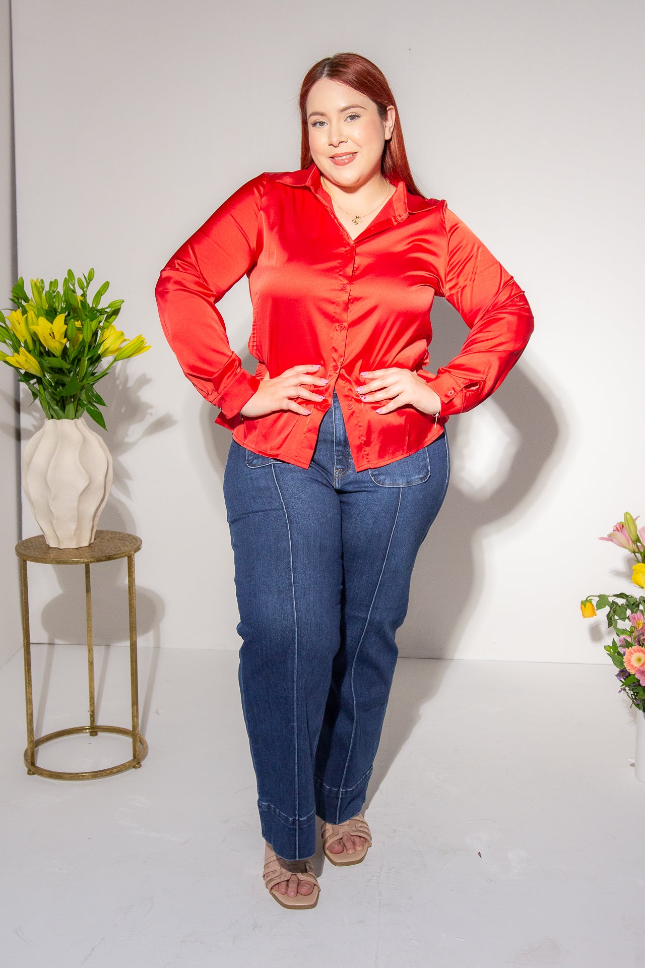 Camisa Satin manga 3/4 lisa roja