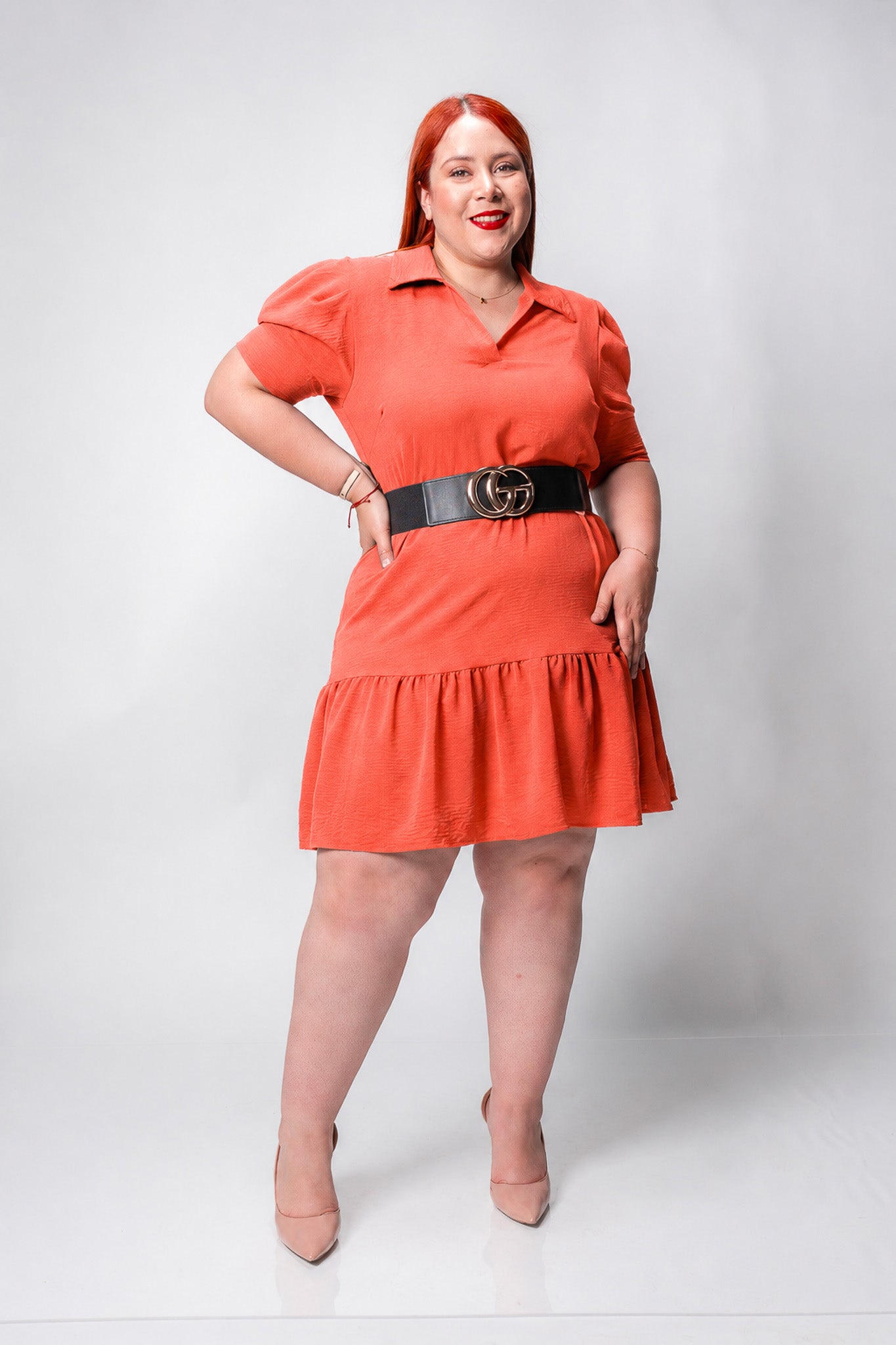 Vestido Corto Liso Coral Plus Size para Mujer
