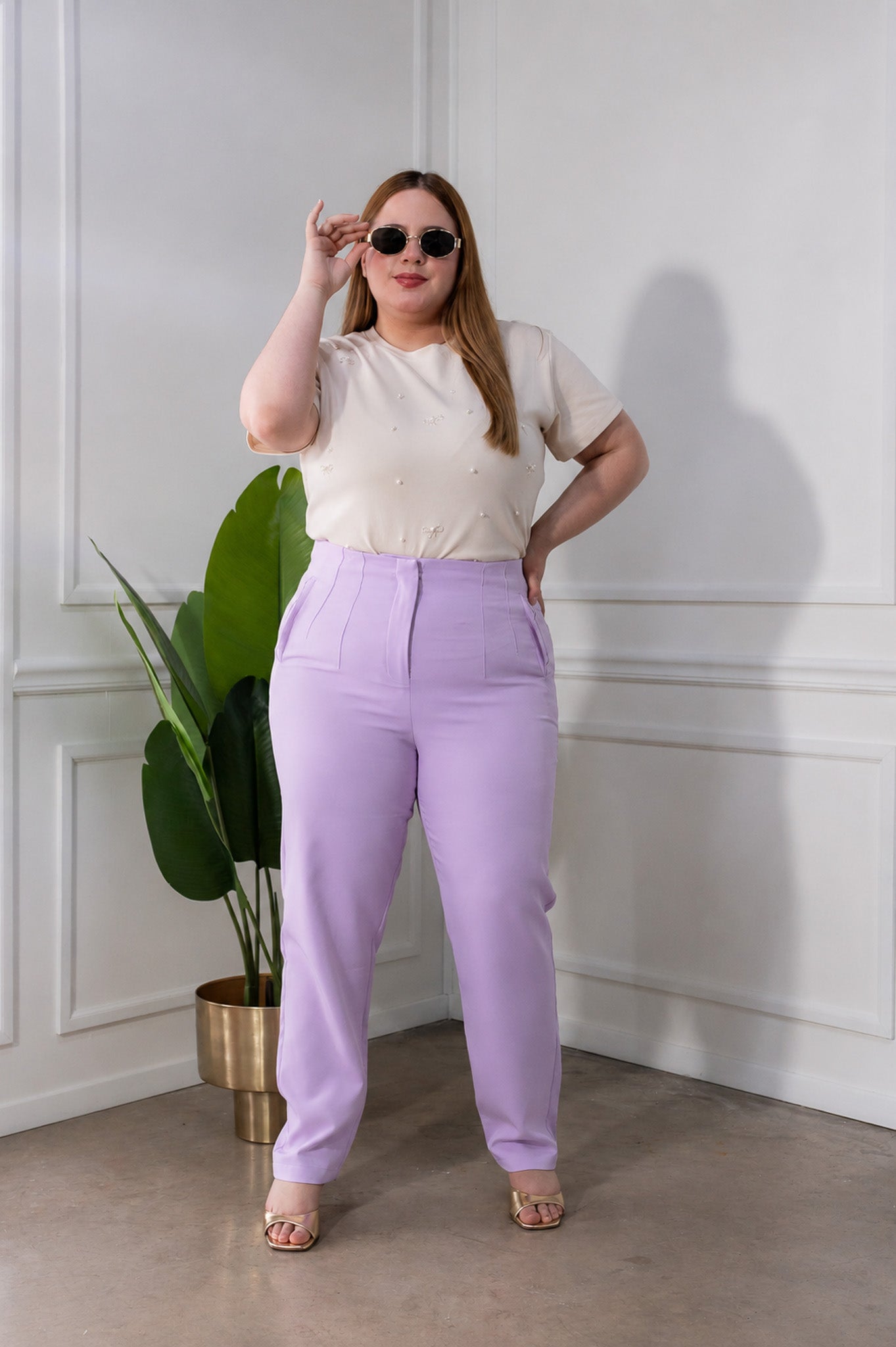 Pantalón de Vestir con Pinzas Lila Plus Size para Mujer