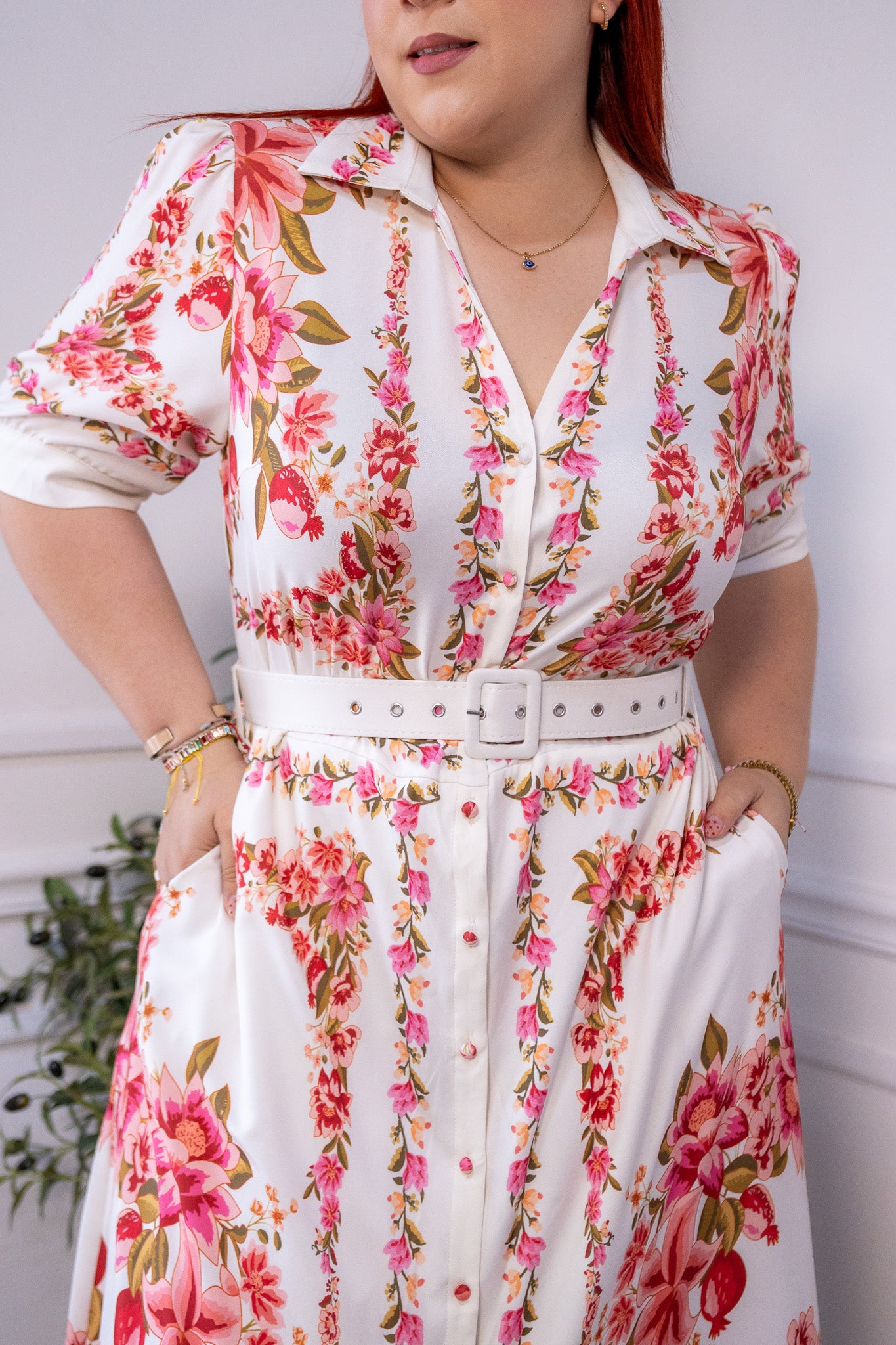 Maxi vestido camisero floral beige