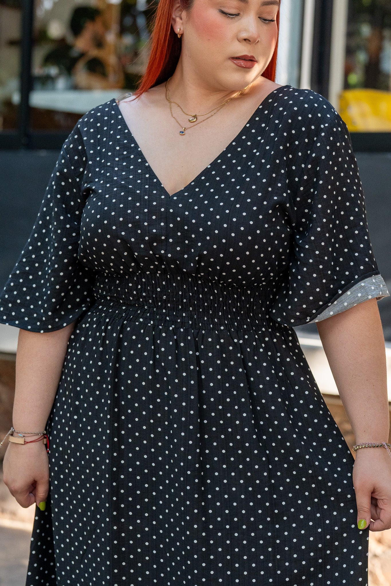 Vestido Curvy Largo Polka Dots Manga Campana Cintura Elástica