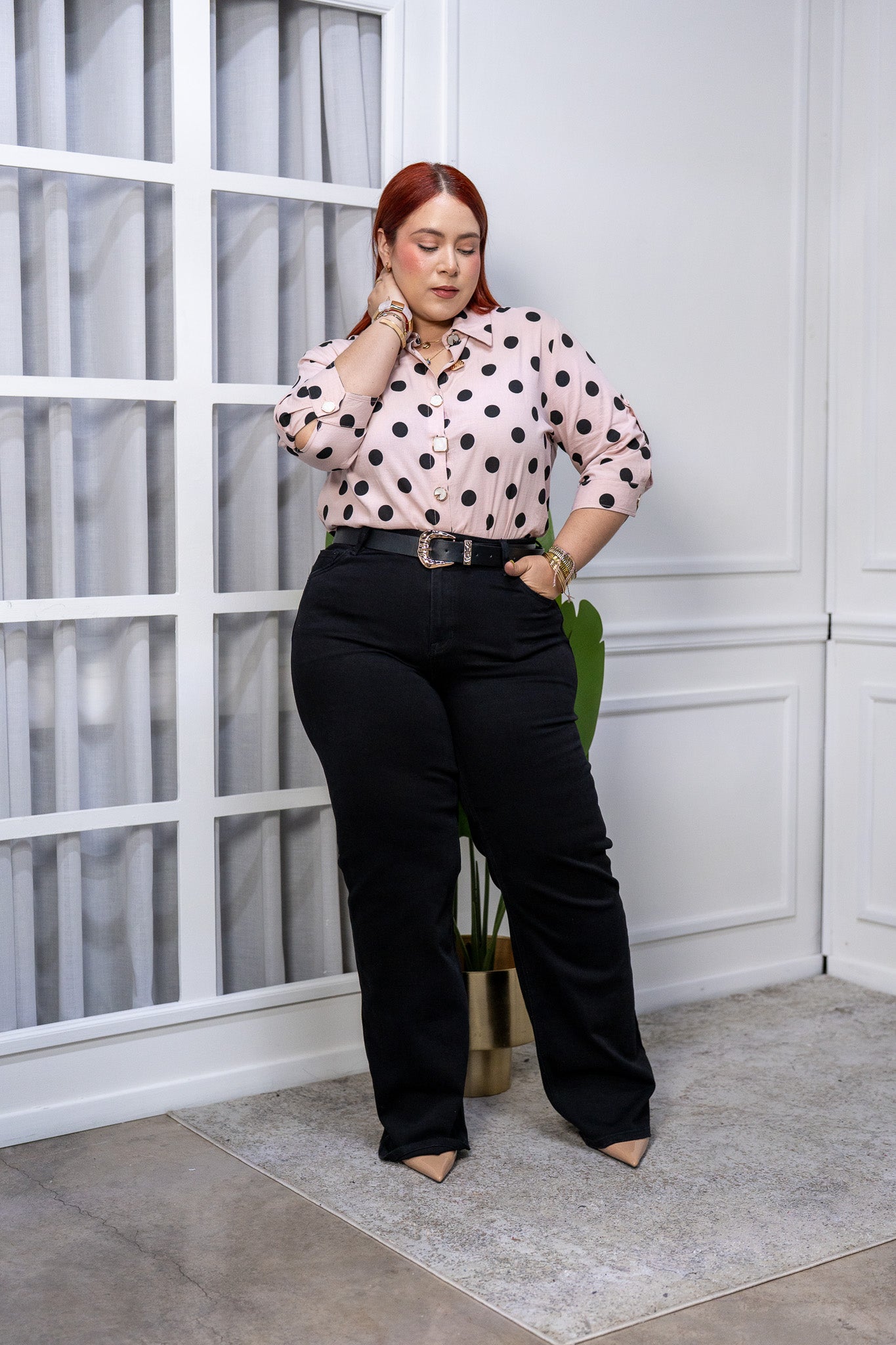 Camisa Curvy Lino Algodón Manga 3/4 Estampado Polka Dots