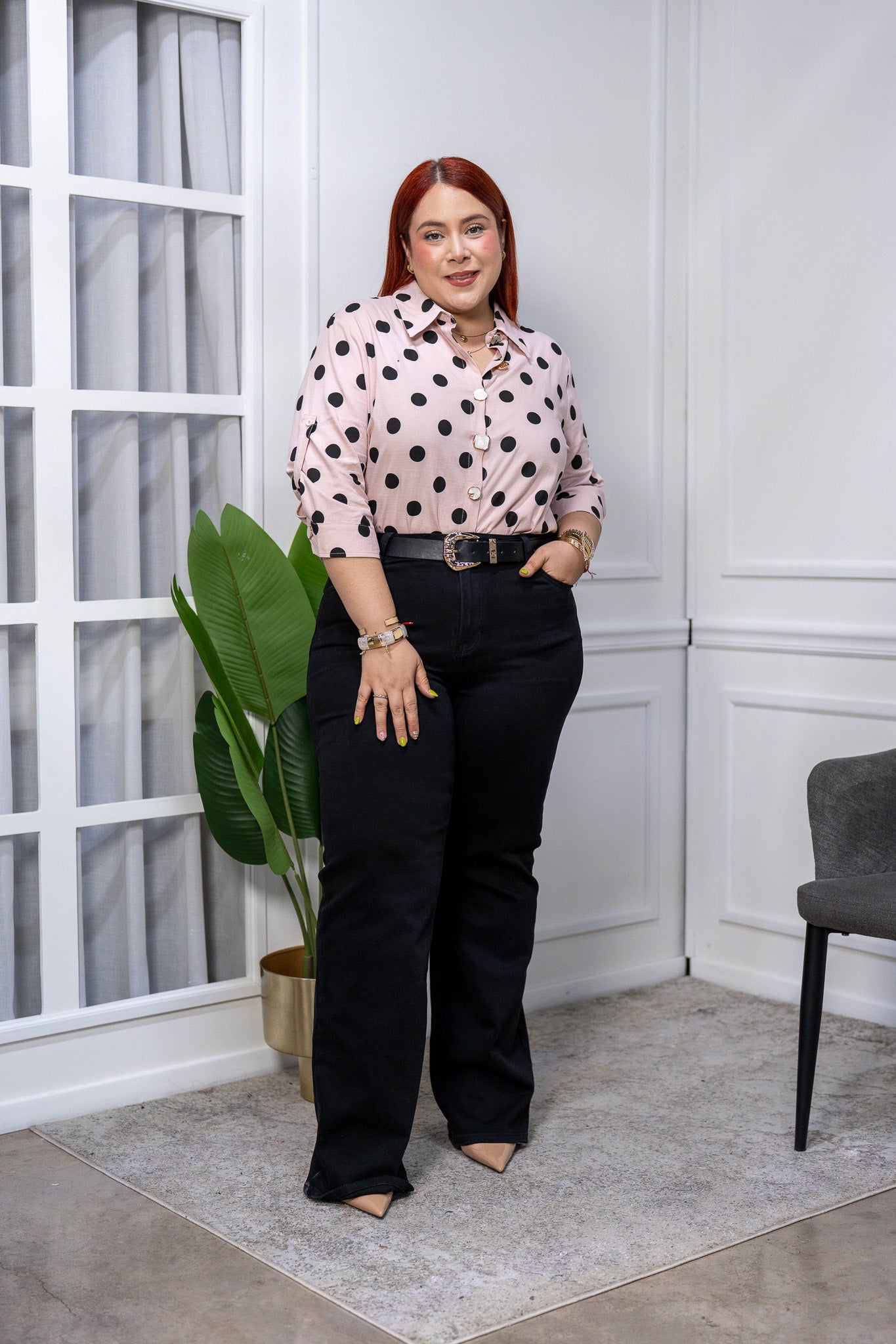 Camisa Curvy Lino Algodón Manga 3/4 Estampado Polka Dots