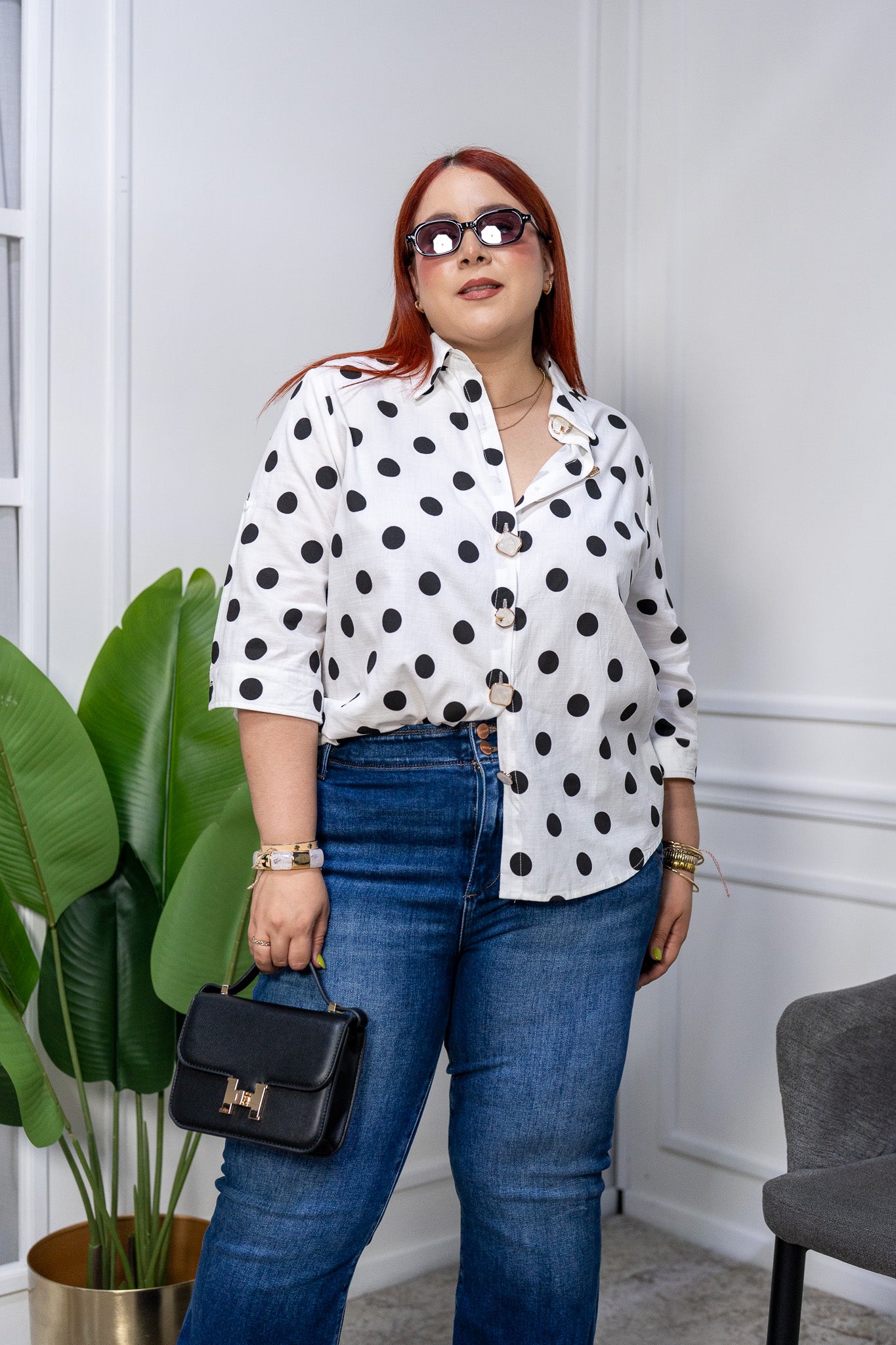 Camisa Curvy Lino Algodón Manga 3/4 Polka Dots Femenina