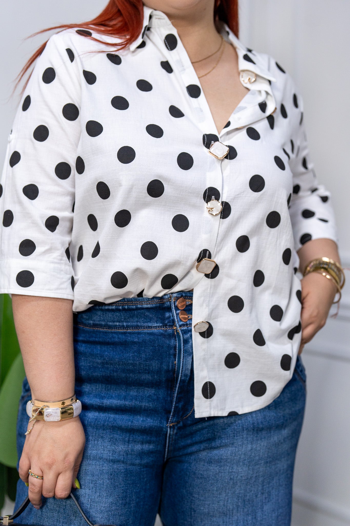 Camisa Curvy Lino Algodón Manga 3/4 Polka Dots Femenina