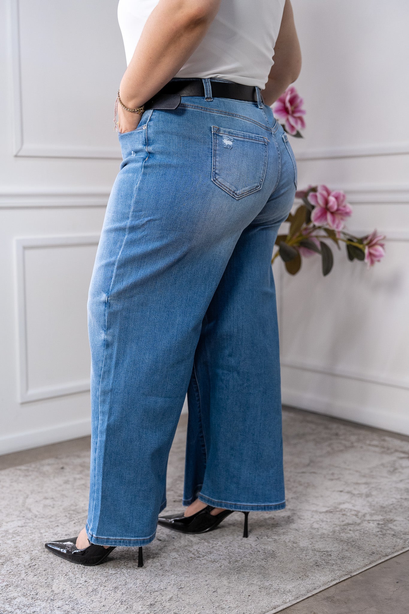 Jeans Curvy Wide Leg Rasgados Mezclilla Tiro Alto Casual Chic