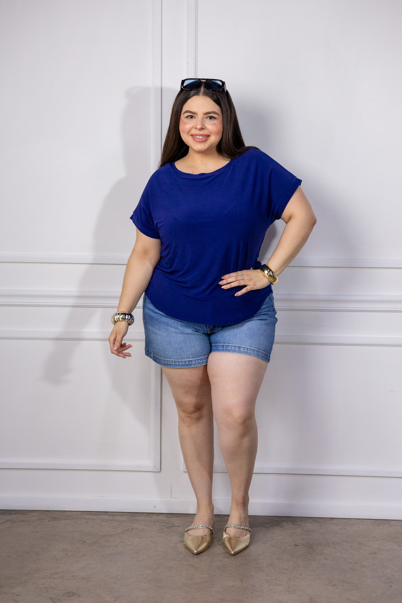 Blusa Curvy Licra Cuello Redondo Manga Corta Azul Cobalto