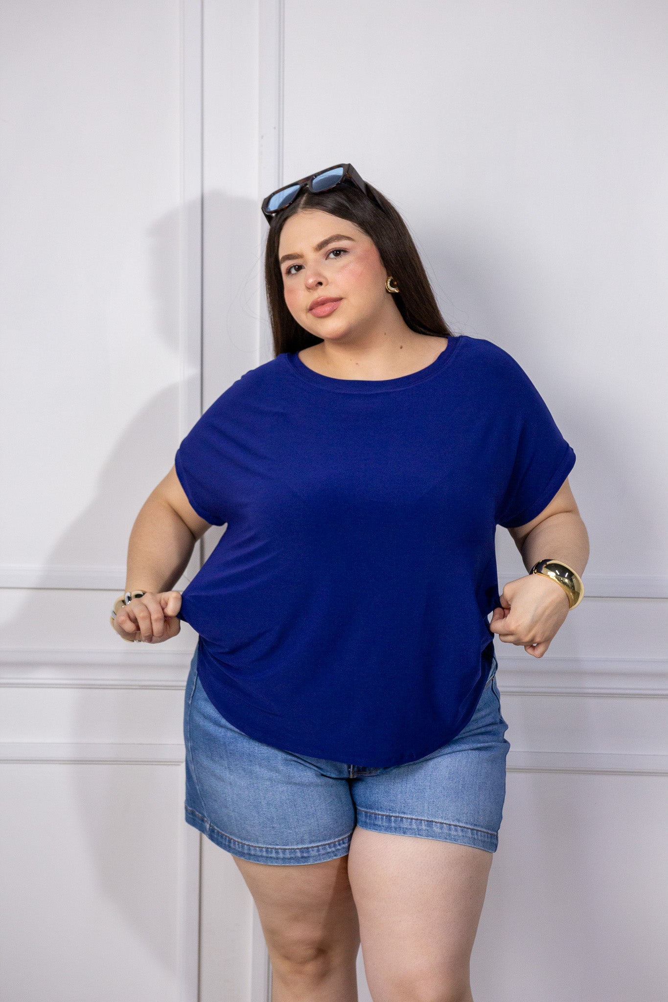 Blusa Curvy Licra Cuello Redondo Manga Corta Azul Cobalto