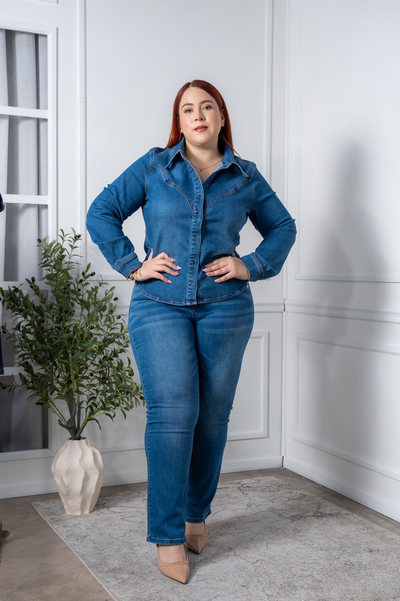 Denim shirt with dark pleats