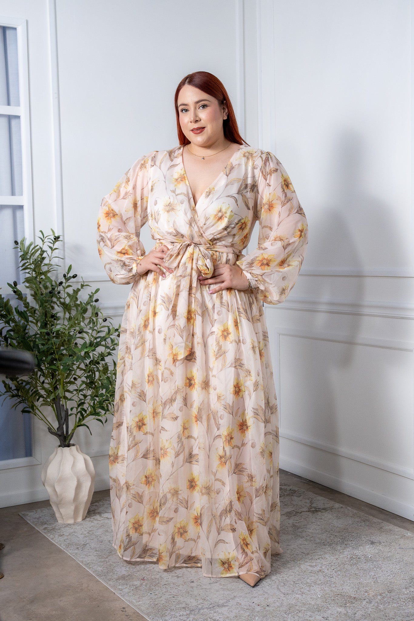 Maxi vestido gasa floral bei