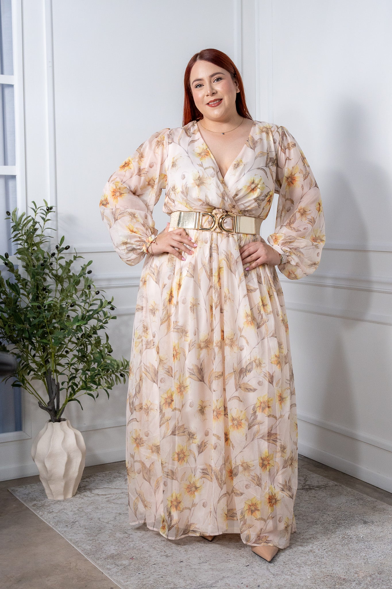 Maxi vestido gasa floral bei