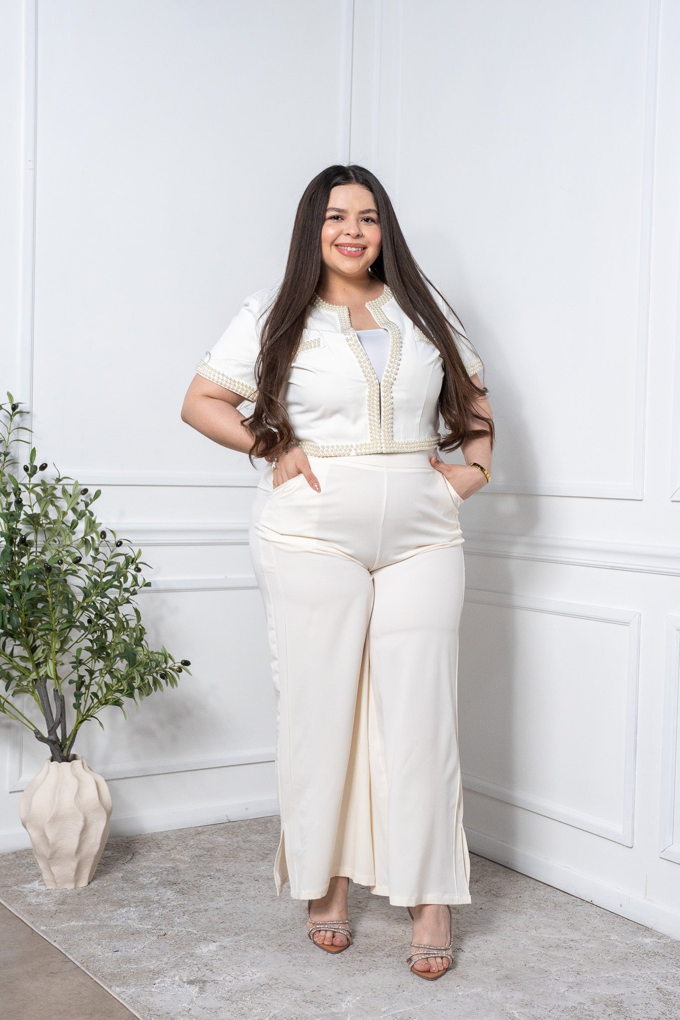 Blazer crop c/perlas bco