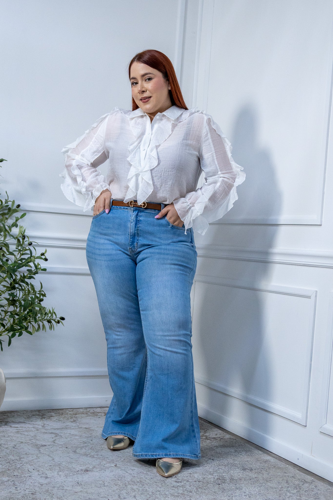 Jeans Curvy Mezclilla Stretch Campana Deslavado Claro Casual