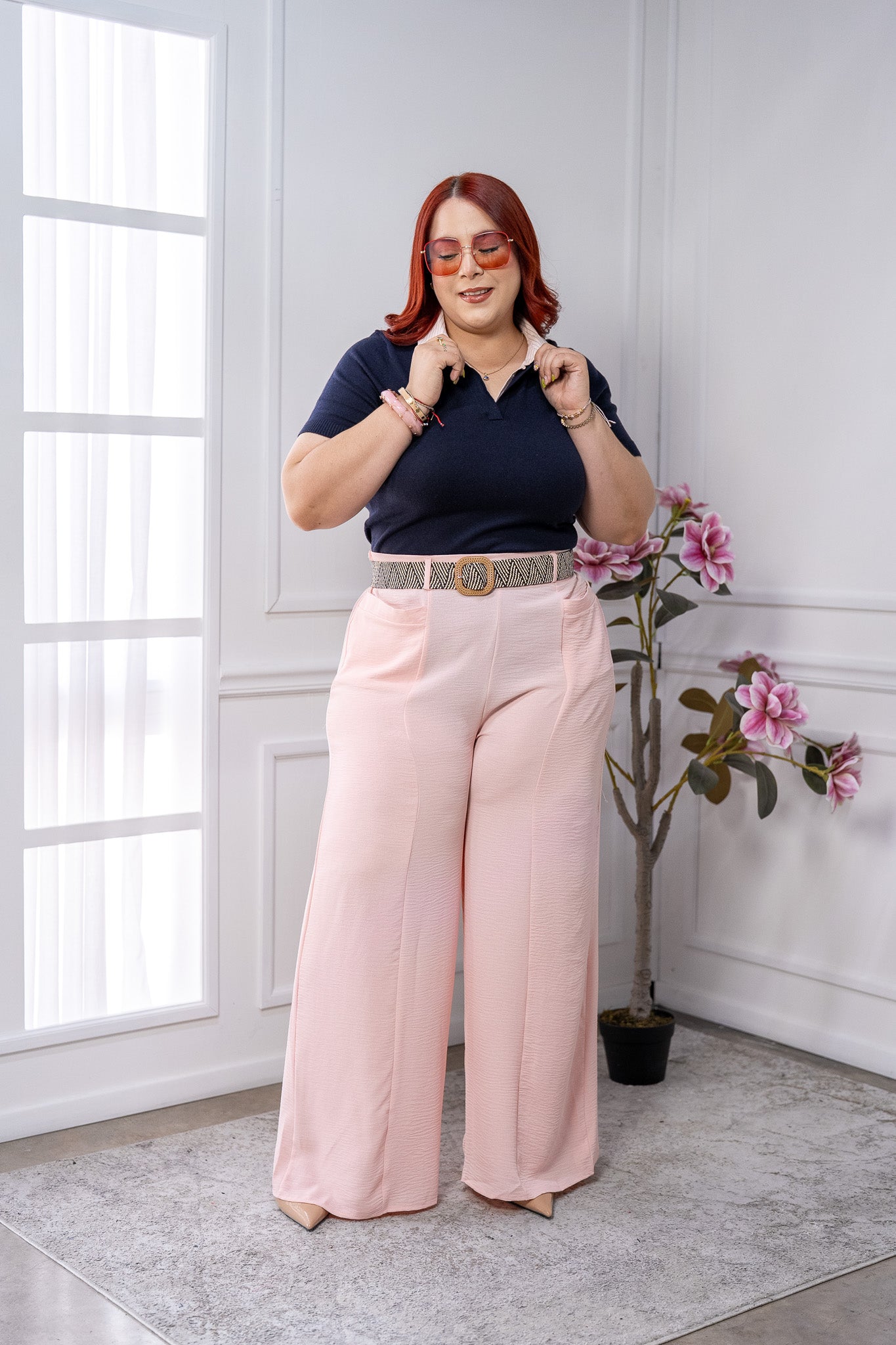 Blusa Curvy Acanalada Azul Marino con Cuello Camisero