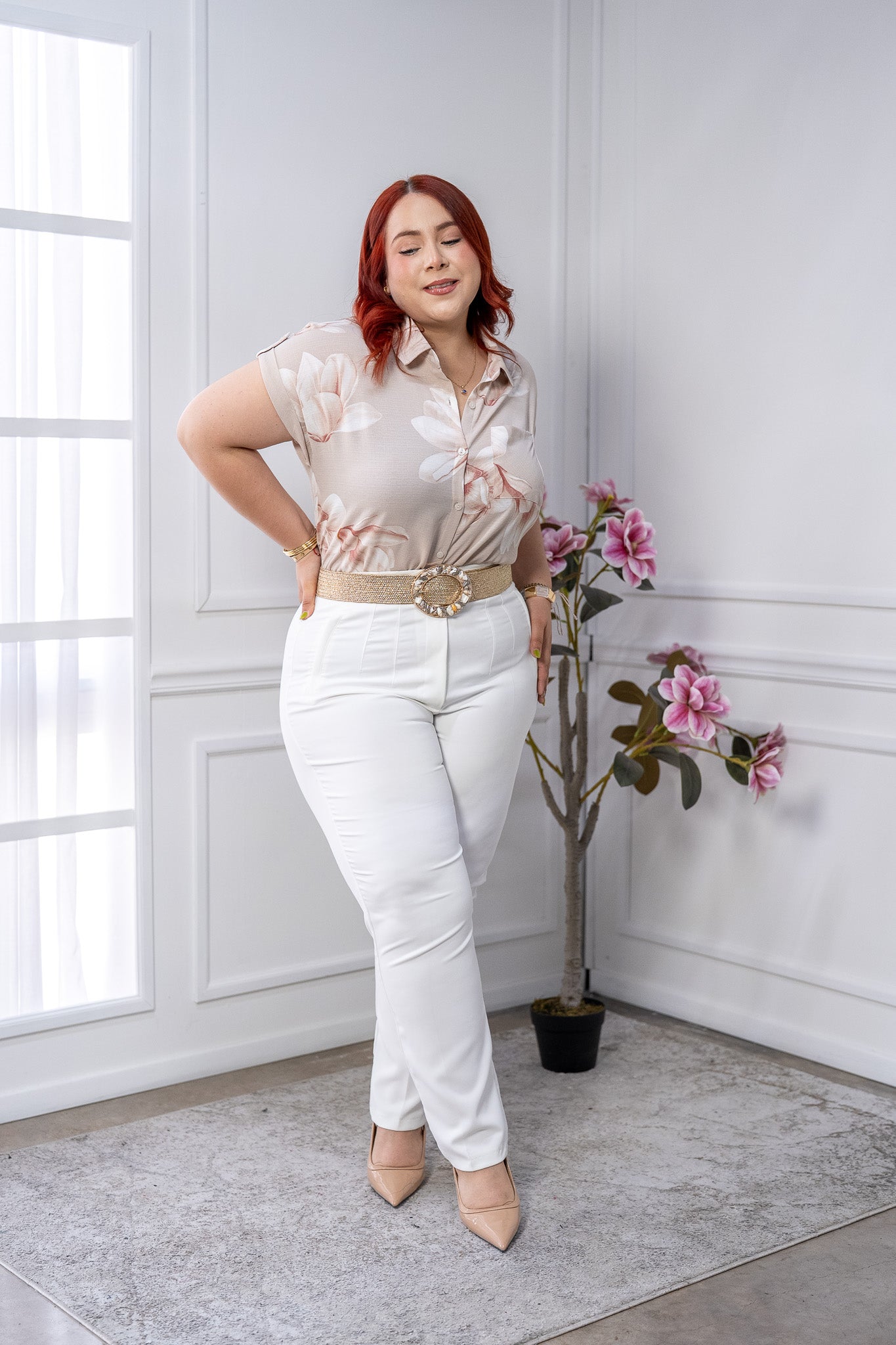 Pantalón de Vestir Blanco Curvy Tiro Alto con Pinzas Estilo Sastre