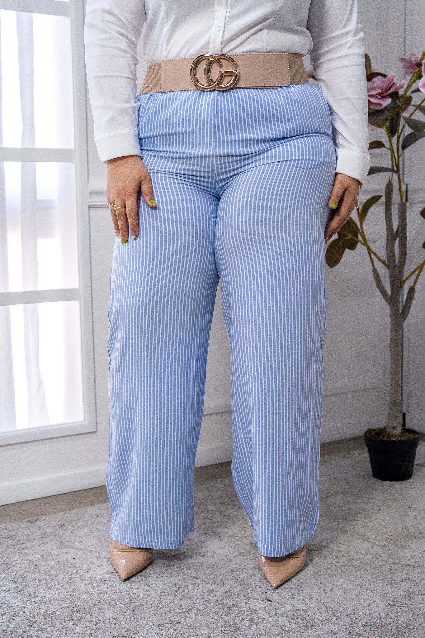 Pantalón Casual Curvy Azul de Rayas con Elástico en Cintura