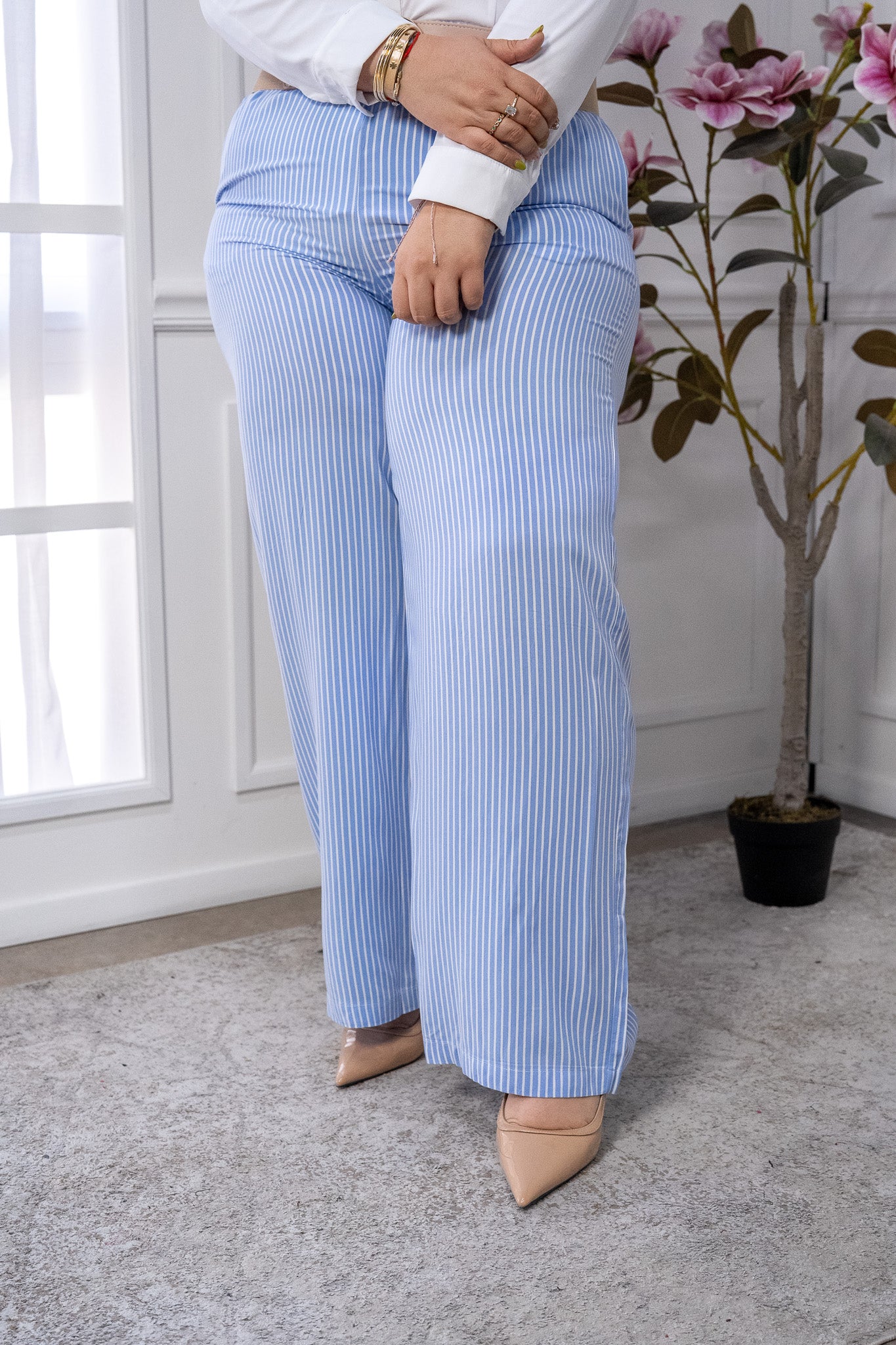 Pantalón Casual Curvy Azul de Rayas con Elástico en Cintura