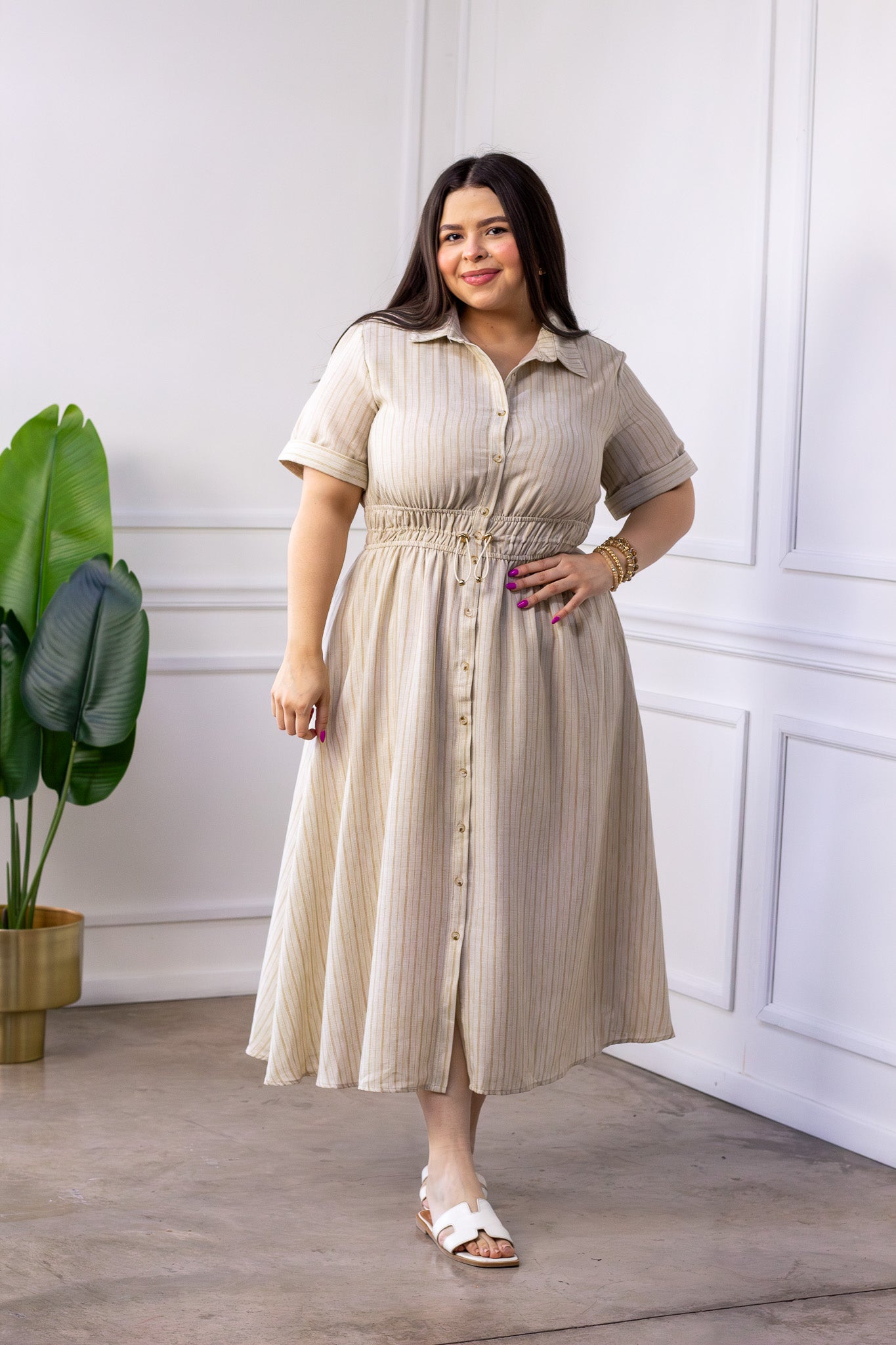 Vestido Curvy Camisero Beige Rayas Midi Jareta Ajustable