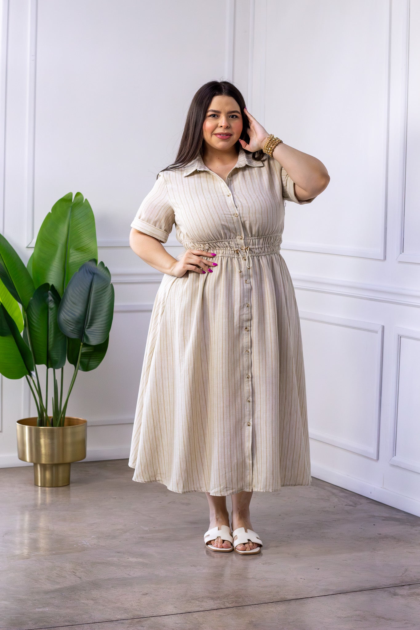 Vestido Curvy Camisero Beige Rayas Midi Jareta Ajustable
