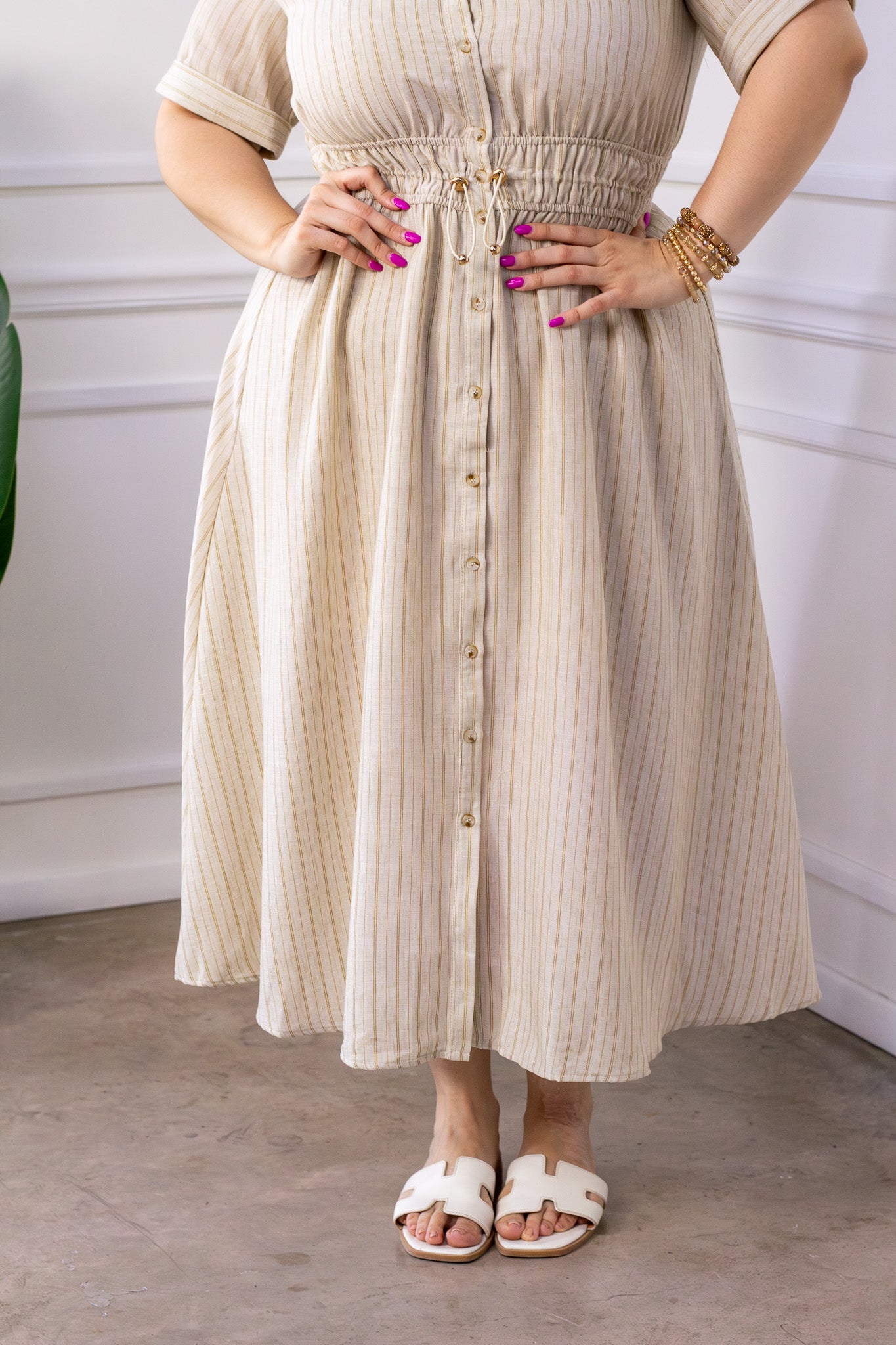 Vestido Curvy Camisero Beige Rayas Midi Jareta Ajustable