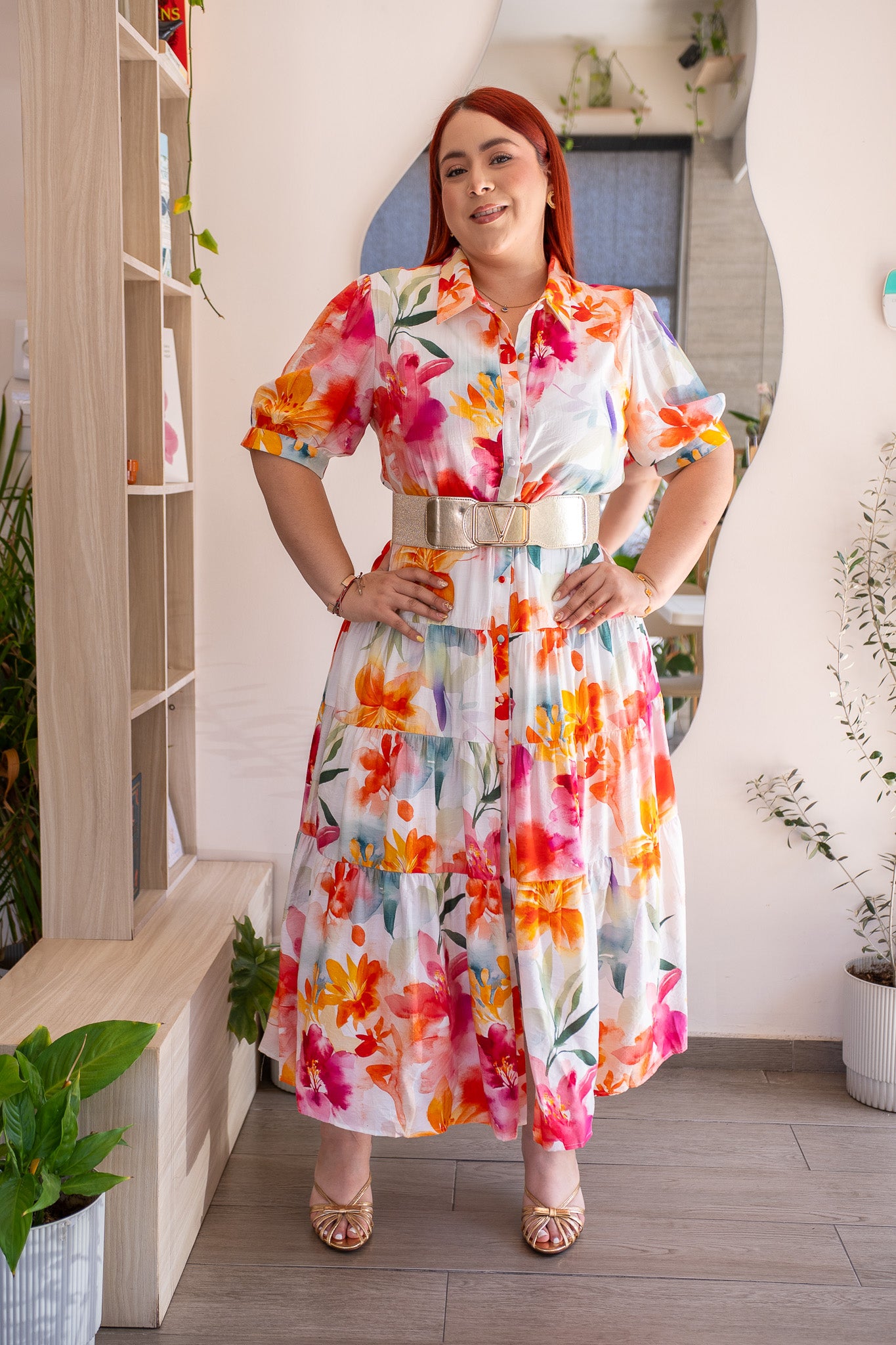 Vestido Midi Camisero Curvy Floral Acuarela Tropical Blanco