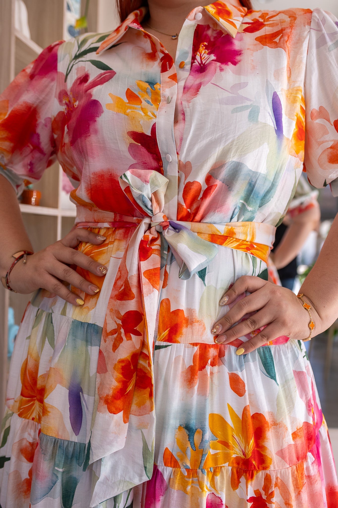 Vestido Midi Camisero Curvy Floral Acuarela Tropical Blanco