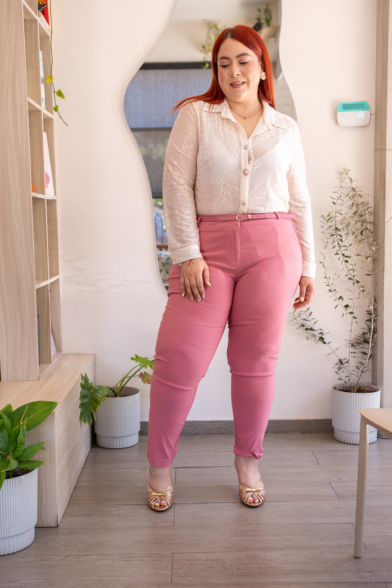 Camisa Curvy Mesh Translúcida Print Flores Manga Larga Ivory