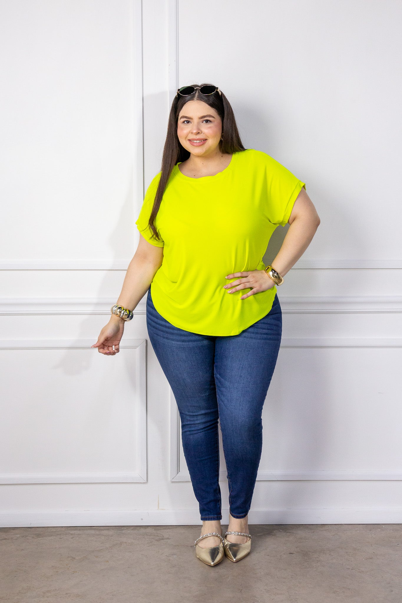 Blusa Curvy Licra Cuello Redondo Manga Corta Amarillo Limón