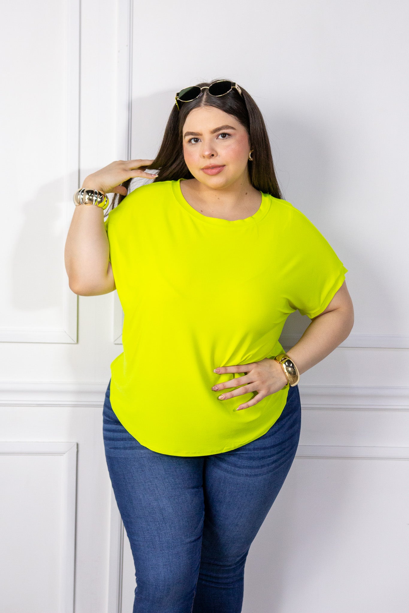 Blusa Curvy Licra Cuello Redondo Manga Corta Amarillo Limón