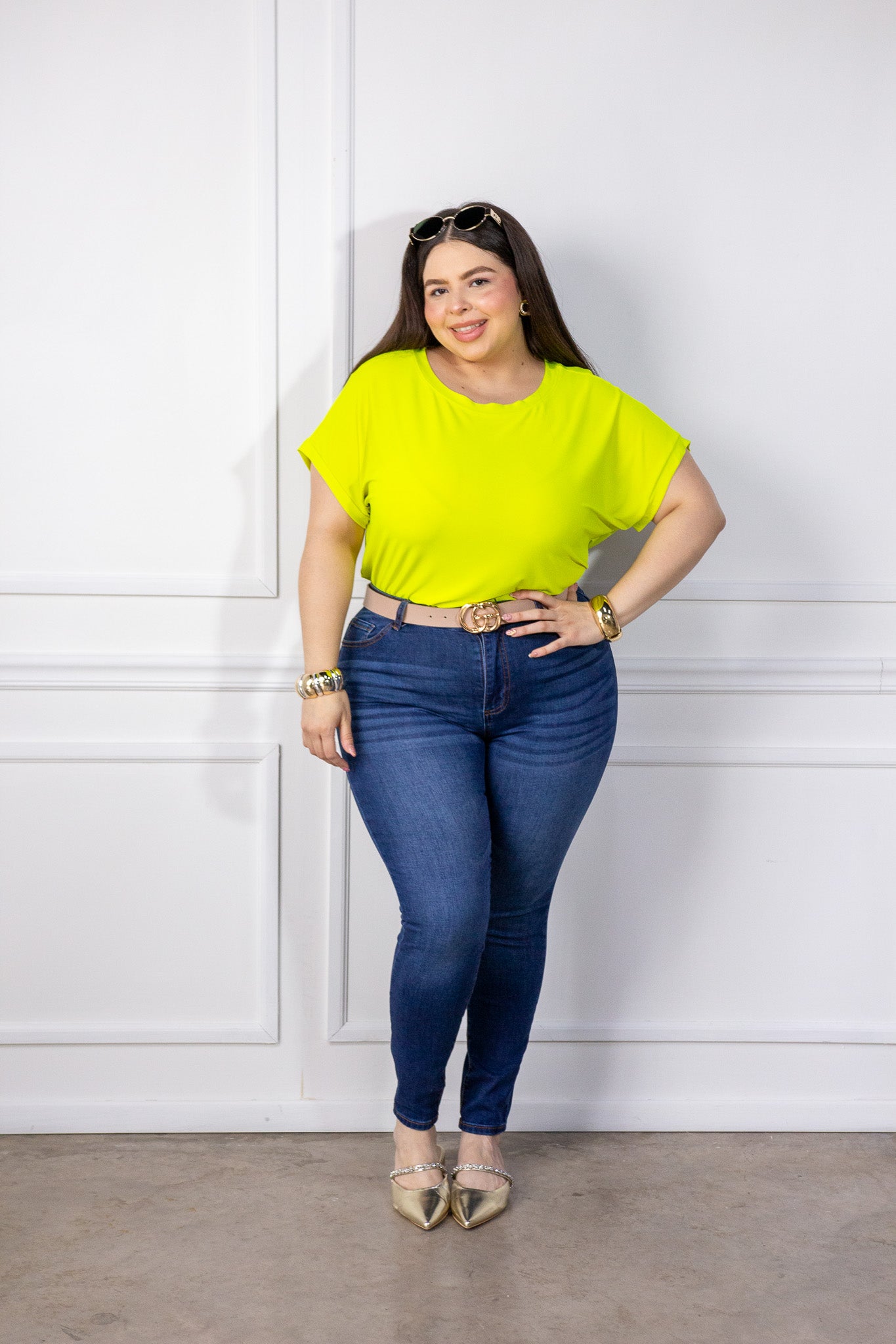 Blusa Curvy Licra Cuello Redondo Manga Corta Amarillo Limón