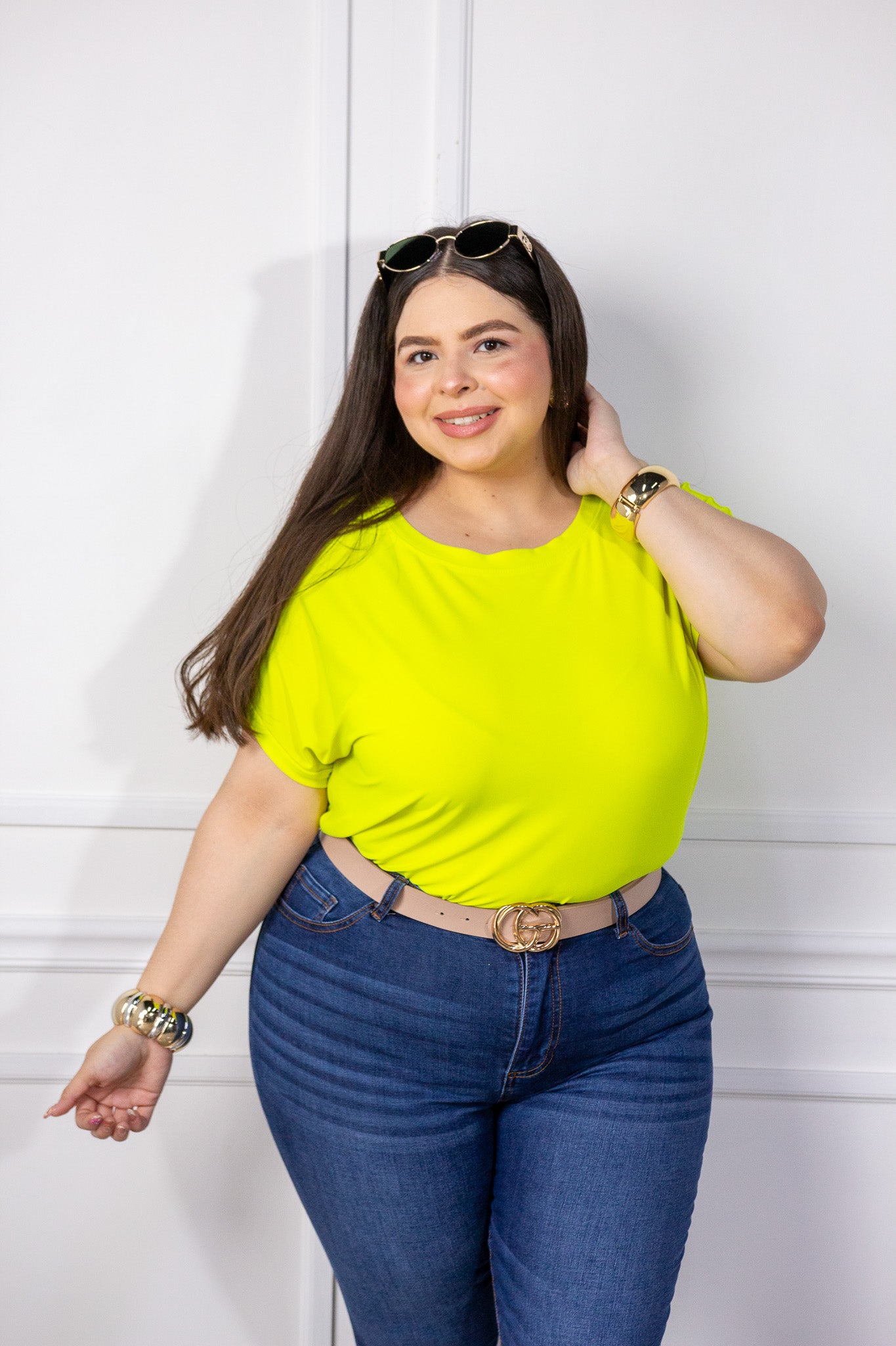 Blusa Curvy Licra Cuello Redondo Manga Corta Amarillo Limón