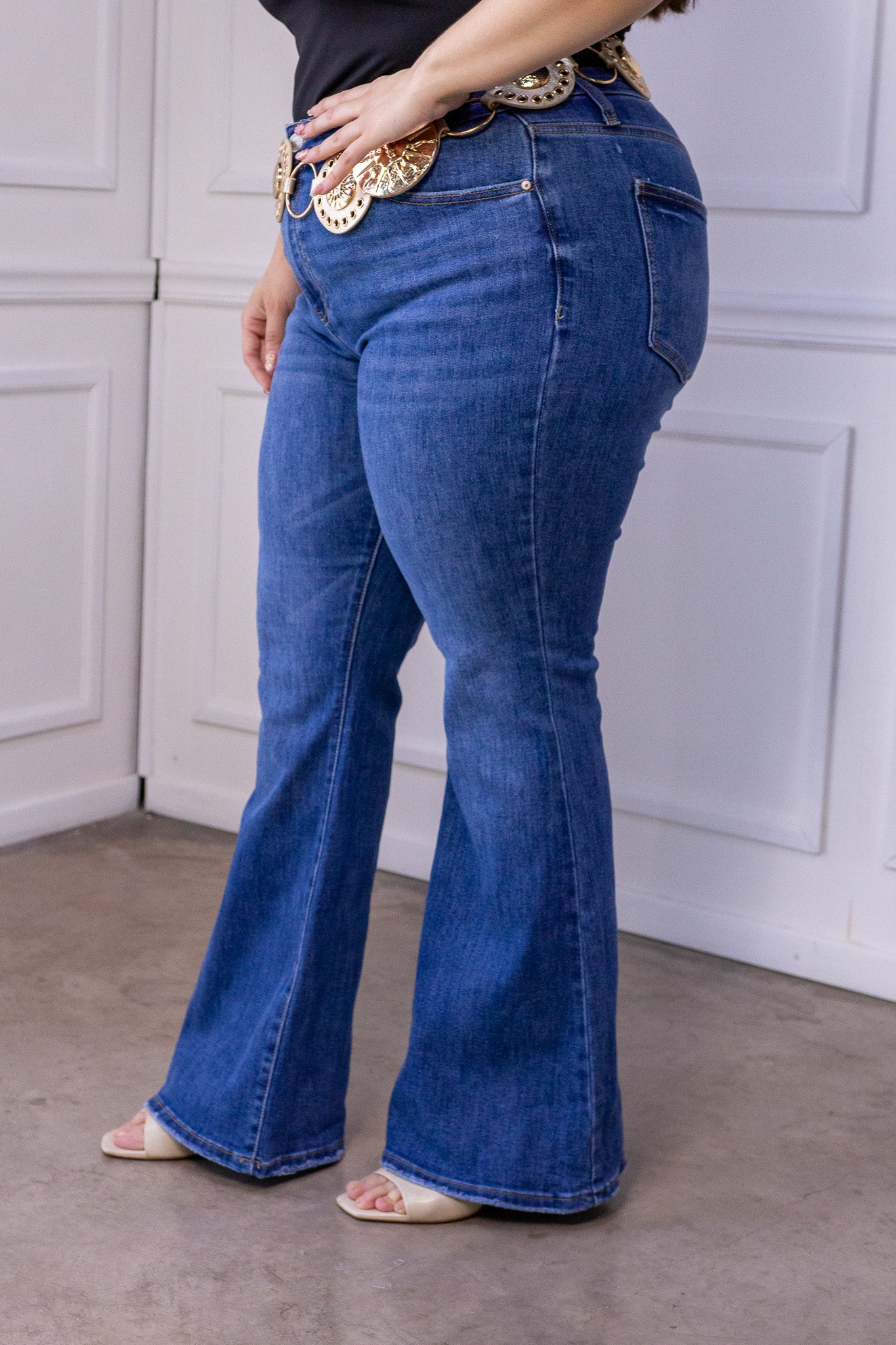Jeans Curvy Bell Bottom Campana Deslavado Cintura Alta Azul