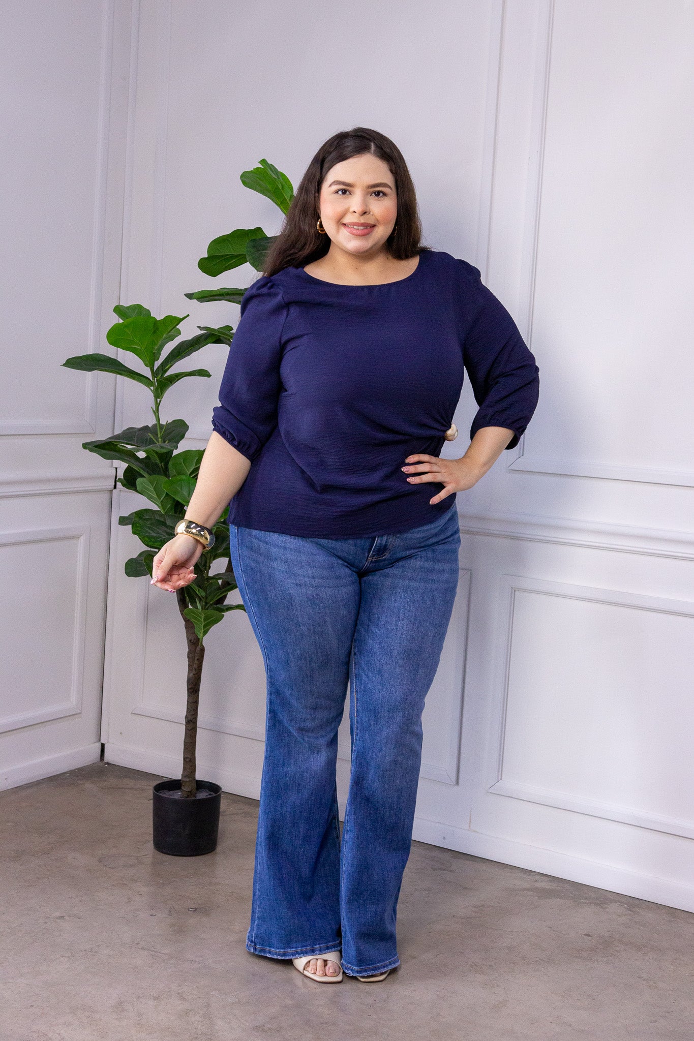 Blusa Curvy Lisa Cuello Redondo Manga 3/4 Navy