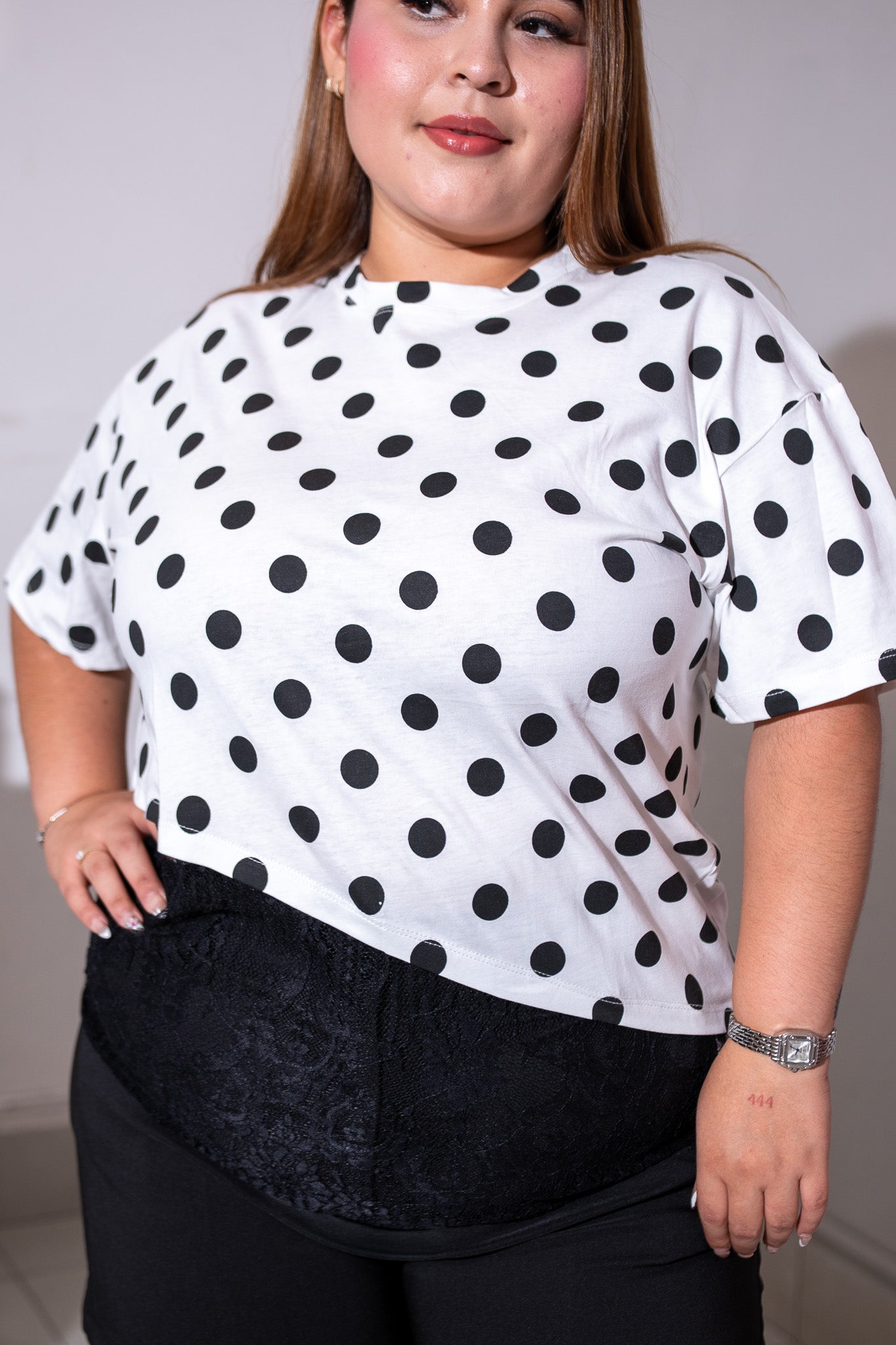 Blusa Curvy Polka con Encaje Talla Extra