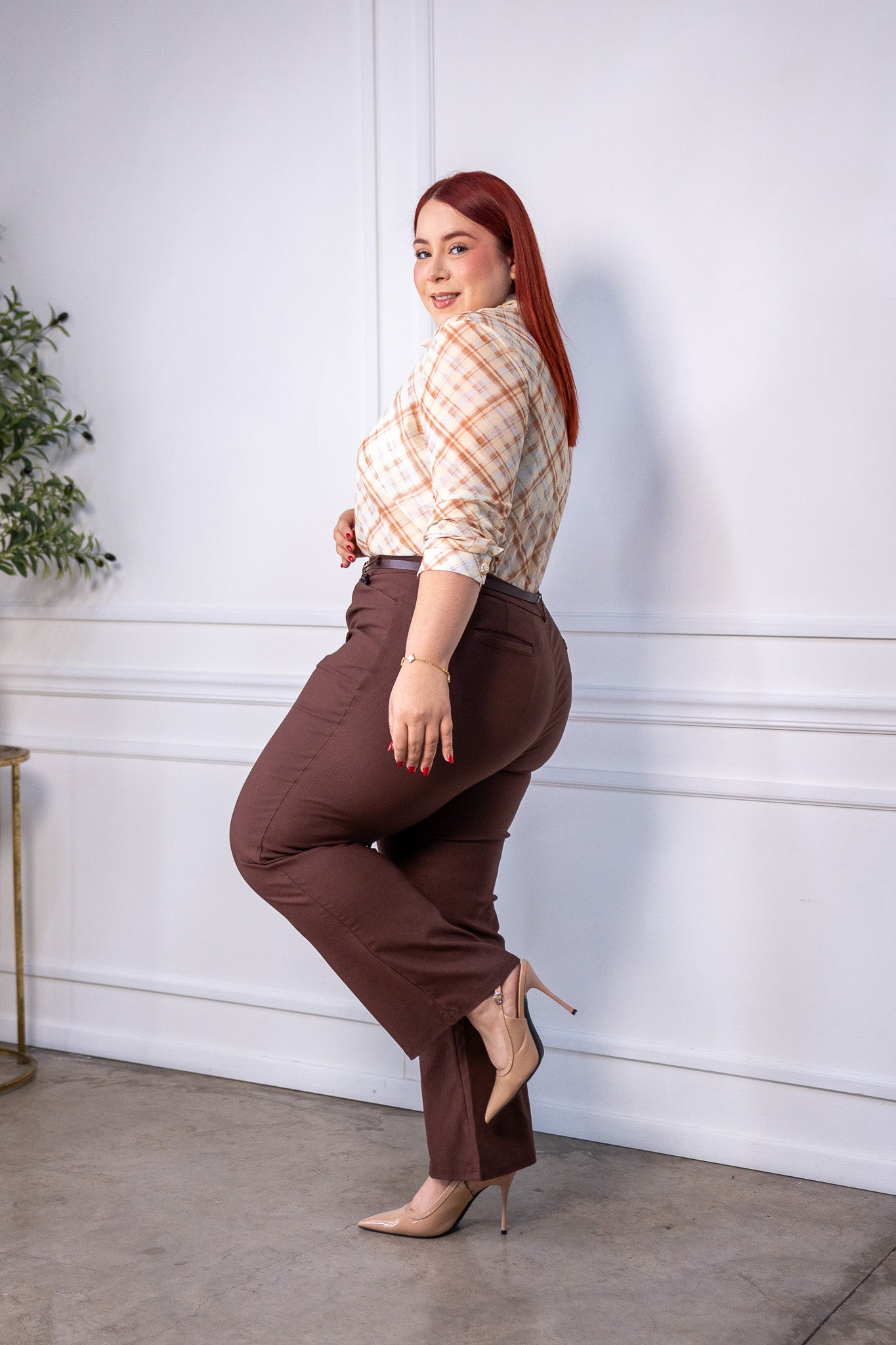 Blusa Curvy Mesh Estampado Cuadros Tonos Tierra Statement