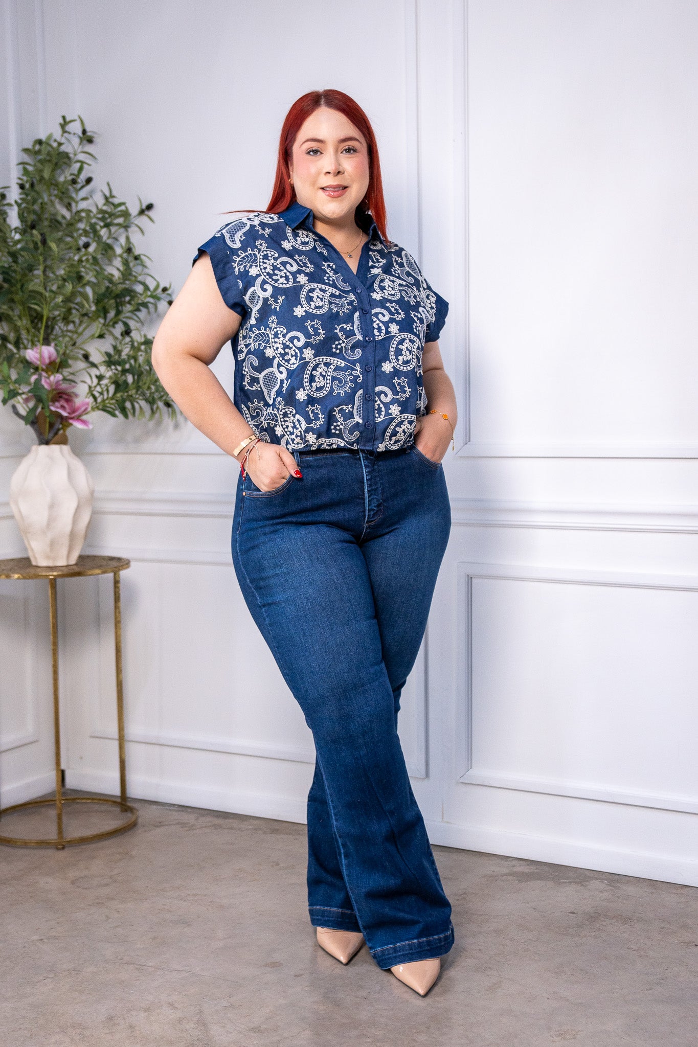 Camisa Curvy Paisley Azul Marino Manga Corta