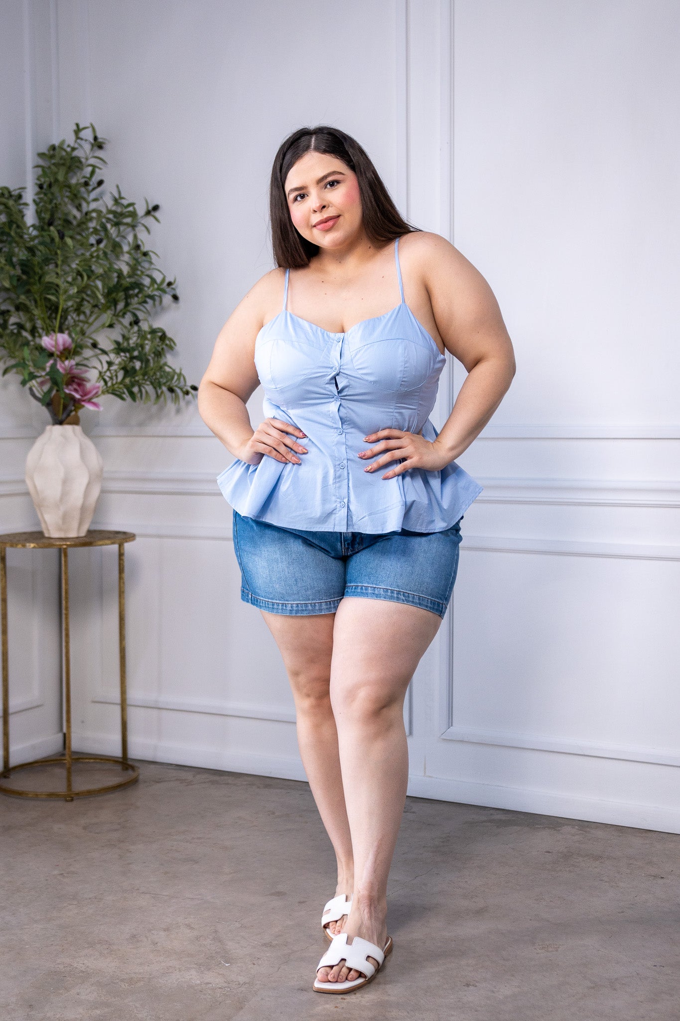 Blusa Curvy Tirantes Peplum Botones Azul Cielo