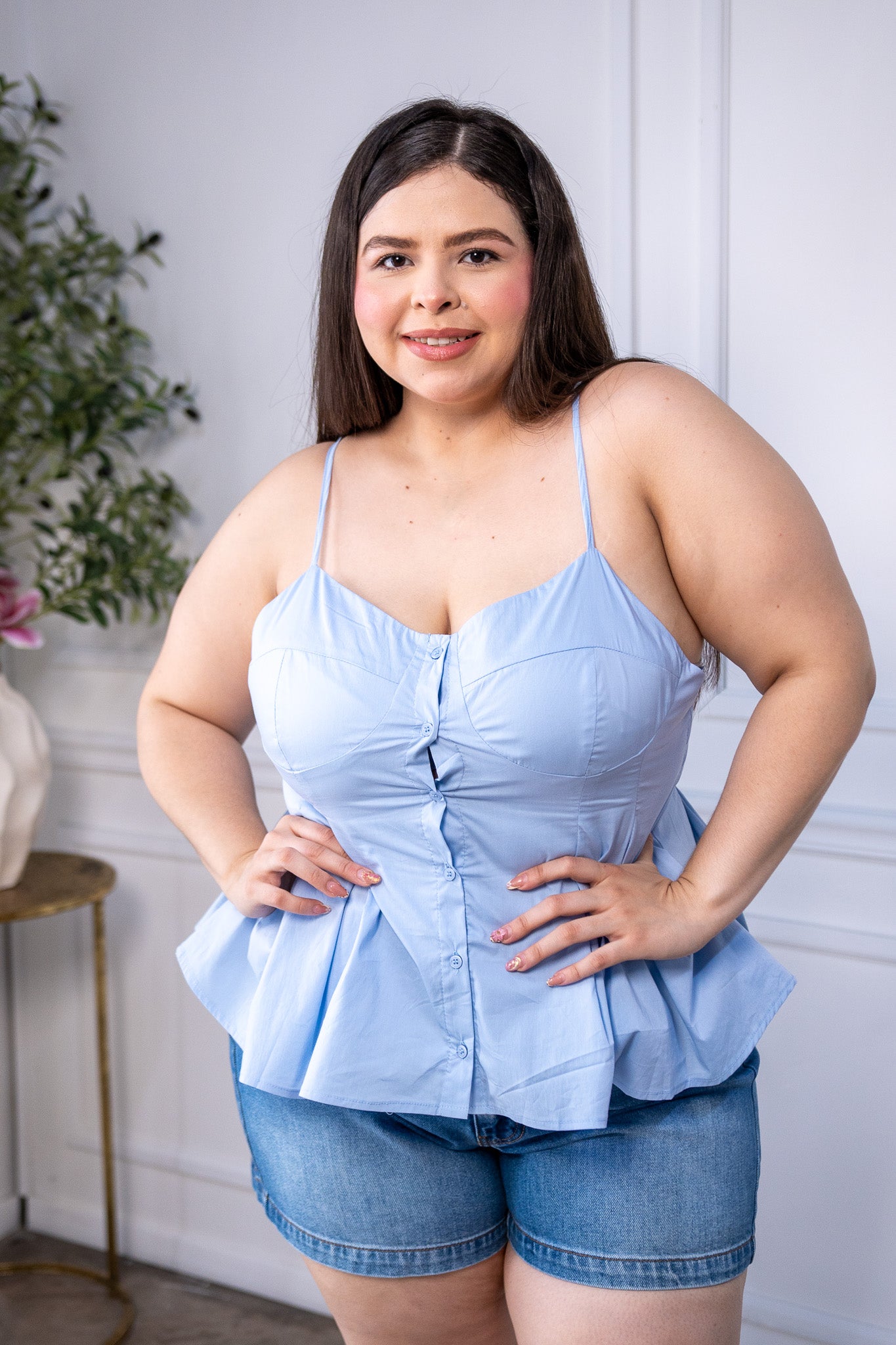 Blusa Curvy Tirantes Peplum Botones Azul Cielo