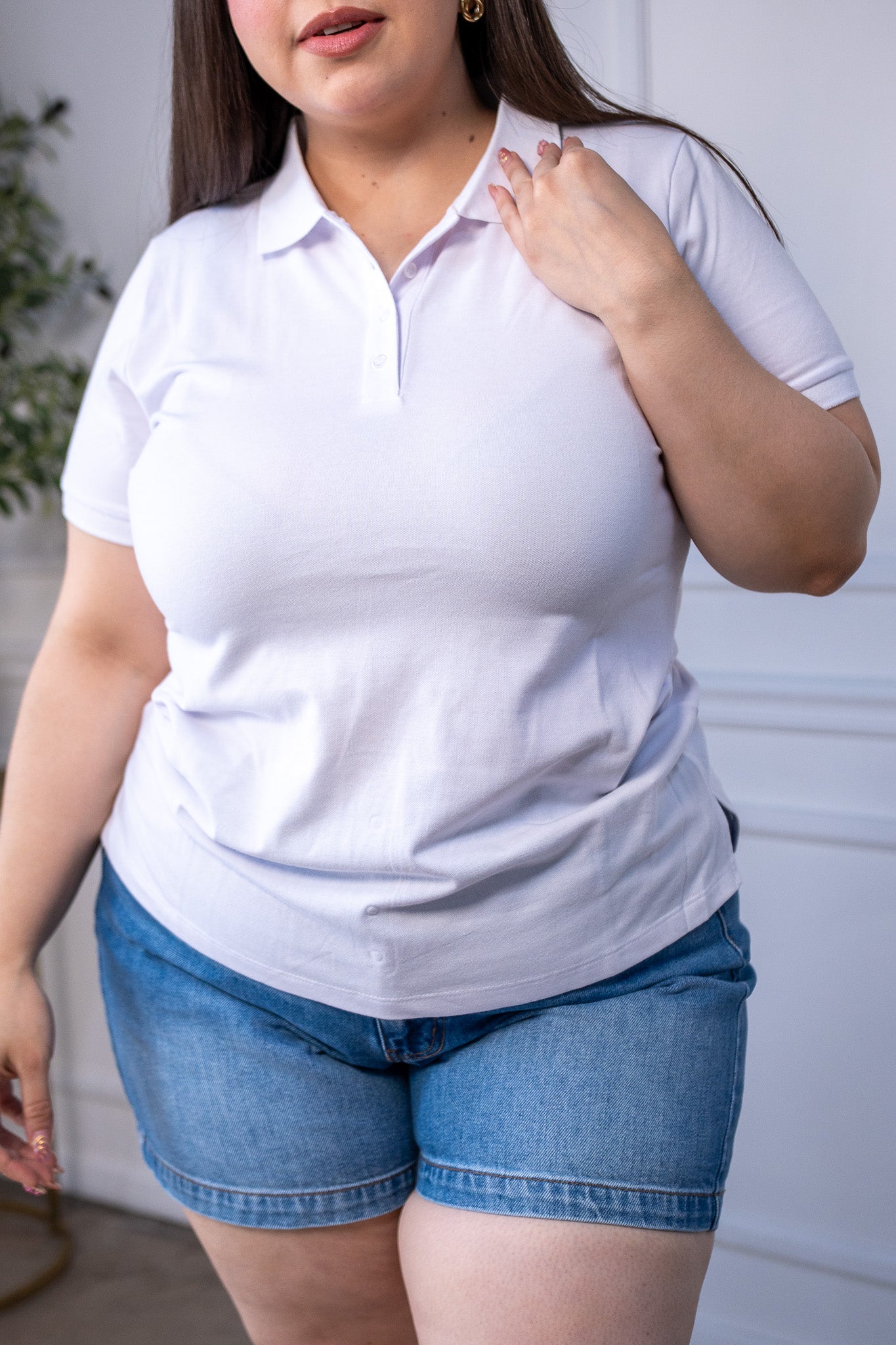 Blusa Polo Curvy Piqué Algodón Blanca Cuello Camisero