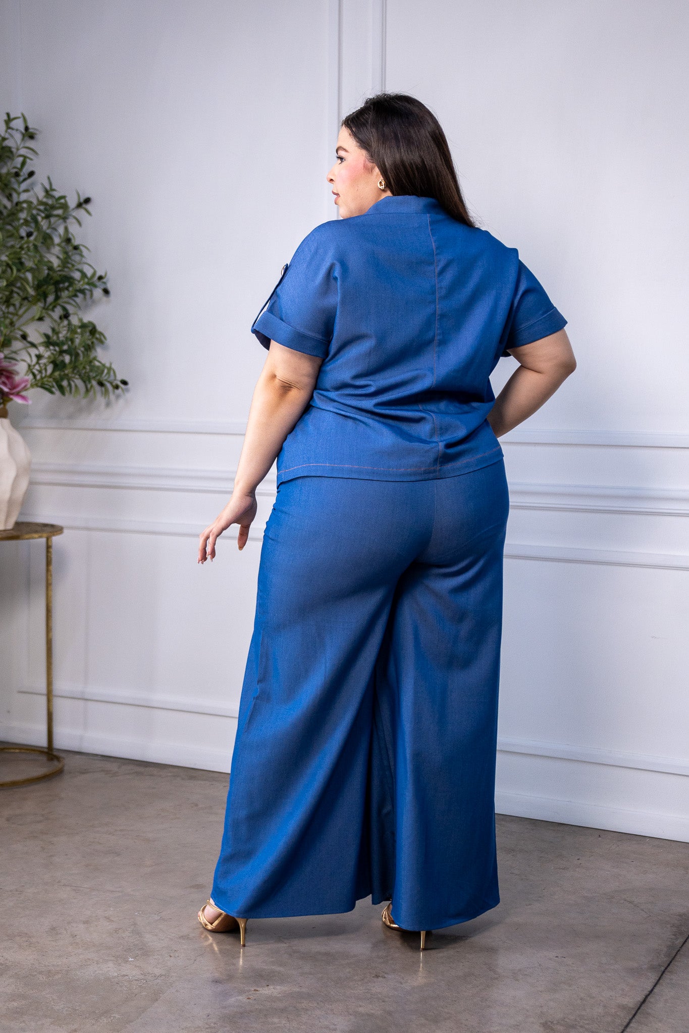 Set Curvy Camisa y Pantalon Wide Leg Chambray Azul Cobalto