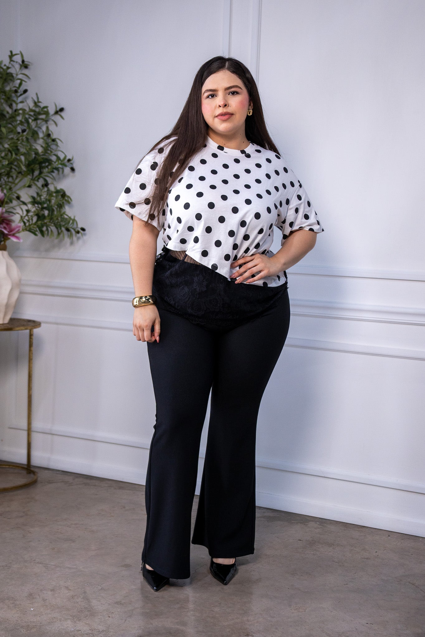 Blusa Curvy Polka con Encaje Talla Extra