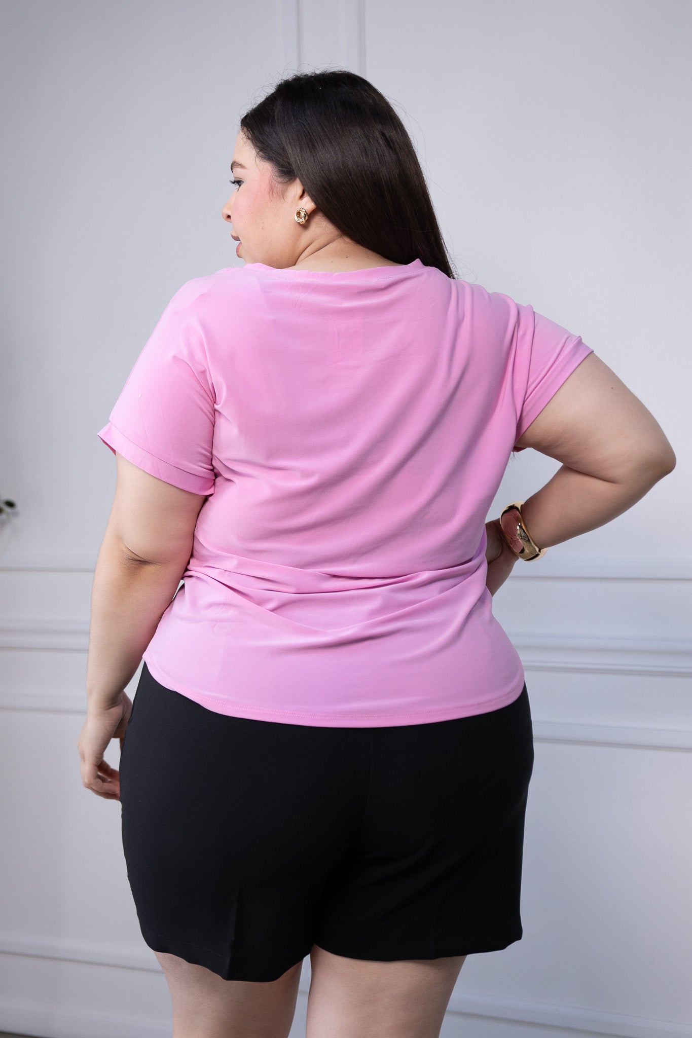 Blusa Curvy Licra Cuello Redondo Manga Corta Rosa