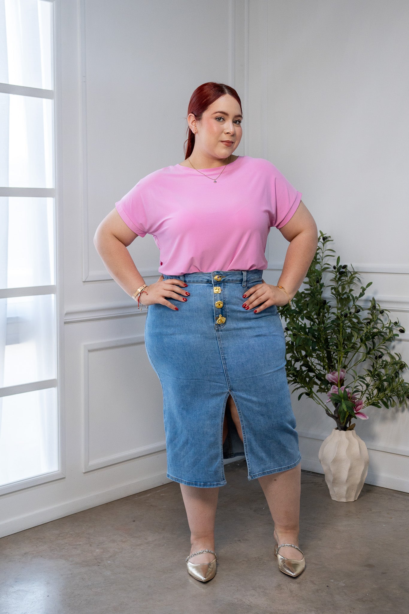 Blusa Curvy Licra Cuello Redondo Manga Corta Rosa