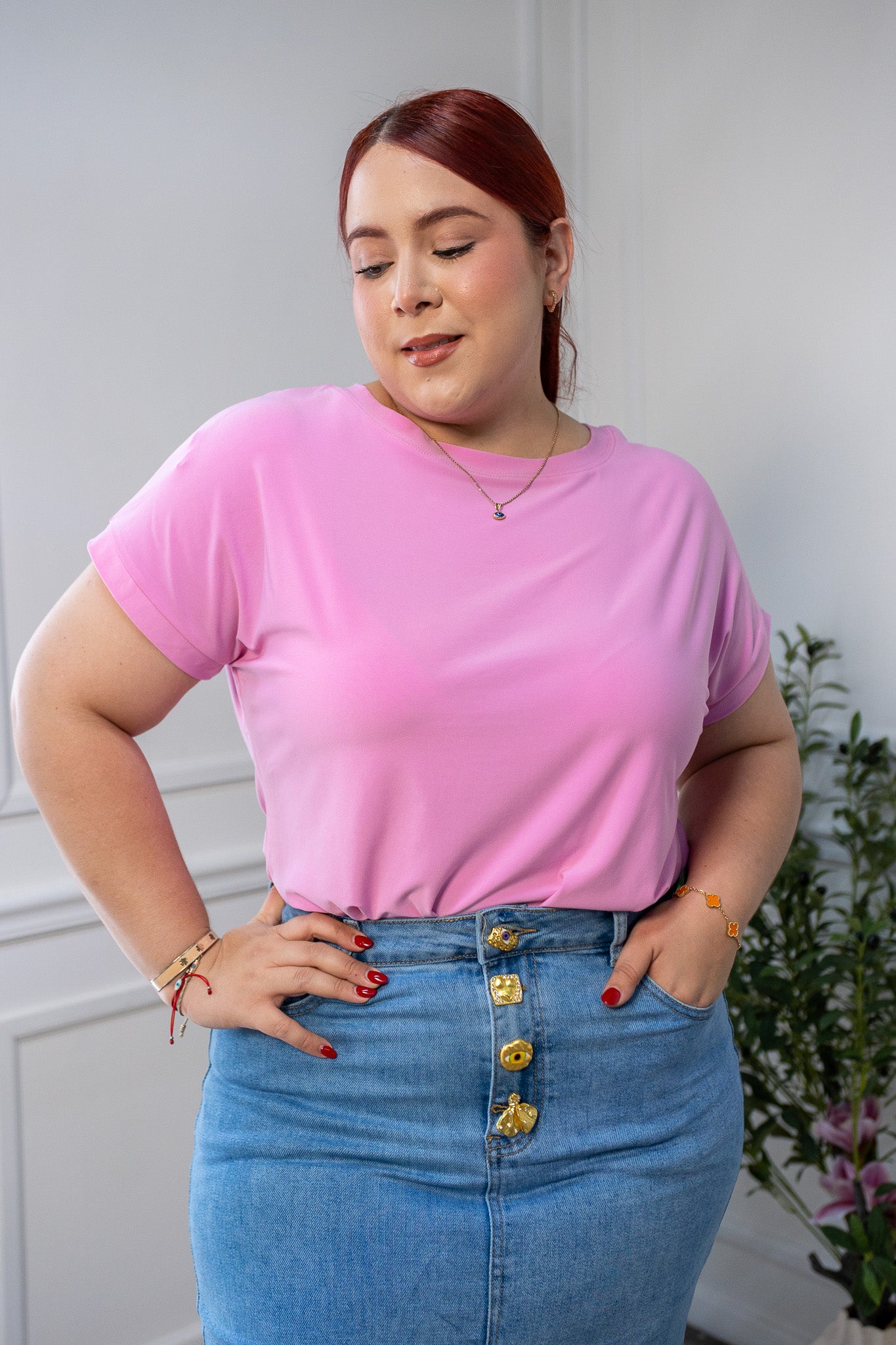 Blusa Curvy Licra Cuello Redondo Manga Corta Rosa